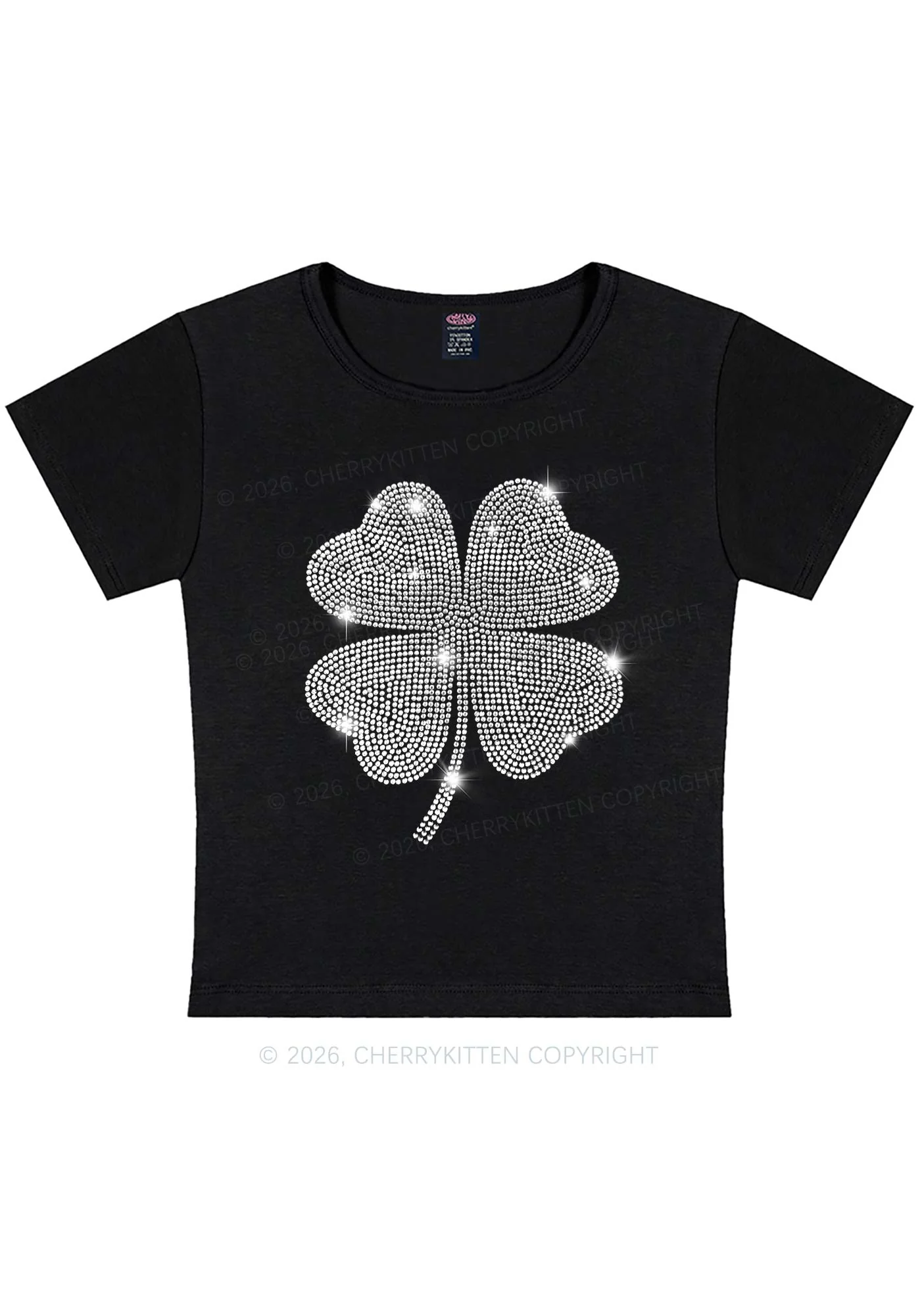 Rhinestone Four Leaf Clover St Patricks Y2K Baby Tee Cherrykitten - Image 3