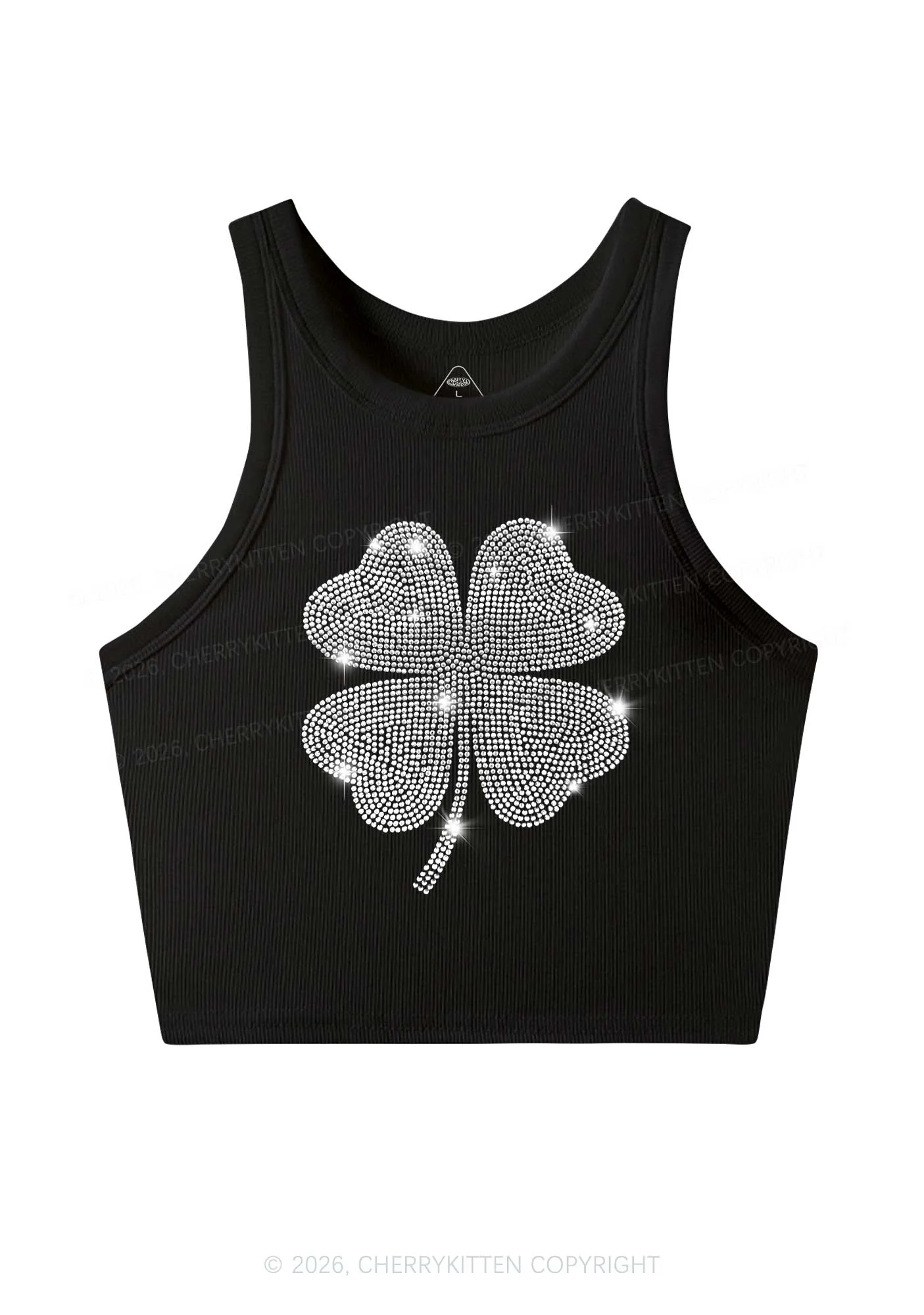Rhinestone Four Leaf Clover St Patricks Y2K Crop Tank Top Cherrykitten - Image 3
