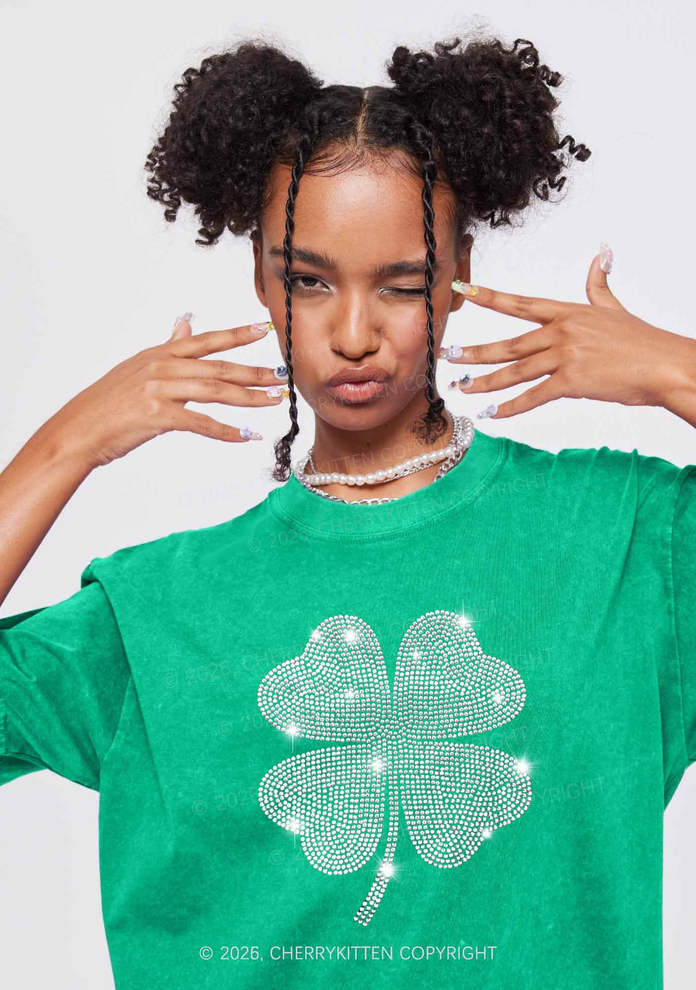 Rhinestone Four Leaf Clover St Patricks Y2K Shirts Washed Tee Cherrykitten - Image 2