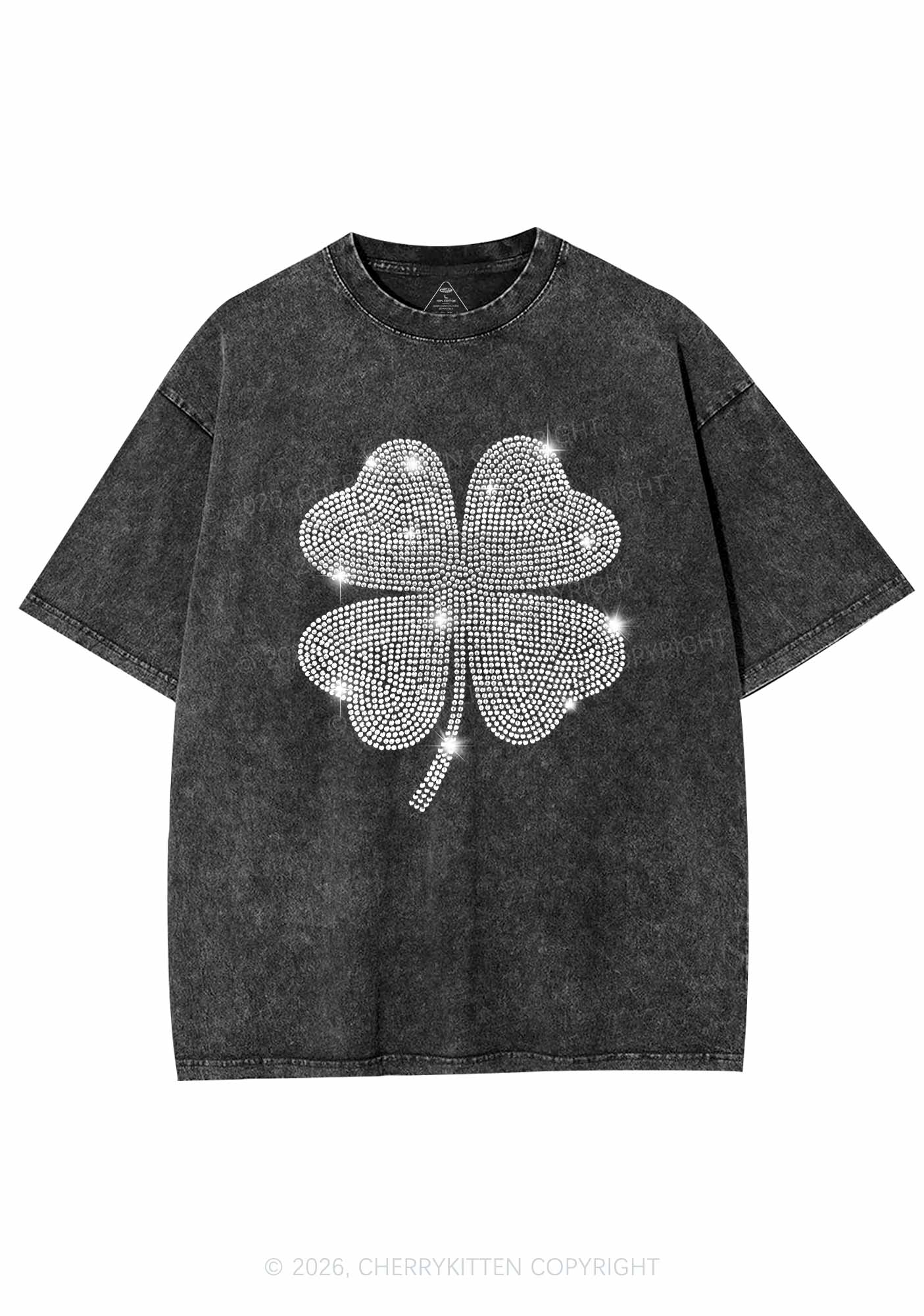 Rhinestone Four Leaf Clover St Patricks Y2K Shirts Washed Tee Cherrykitten - Image 3