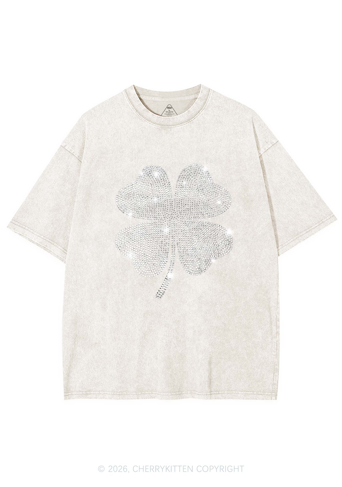 Rhinestone Four Leaf Clover St Patricks Y2K Shirts Washed Tee Cherrykitten - Image 4
