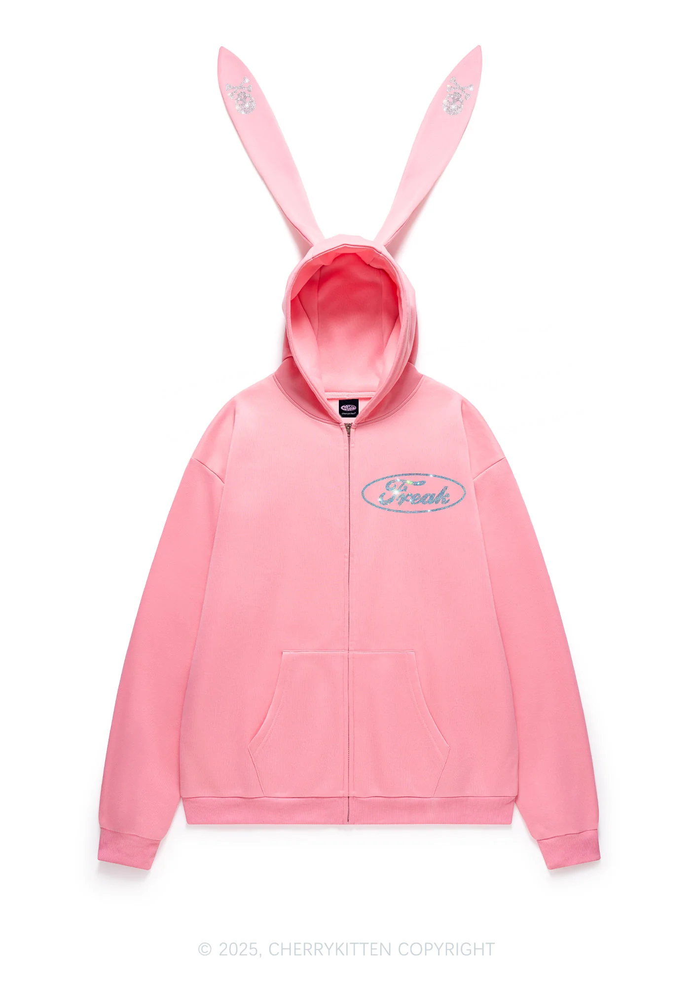 Rhinestone Freak Y2K Bunny Ear Zip Hoodie Cherrykitten - Image 3