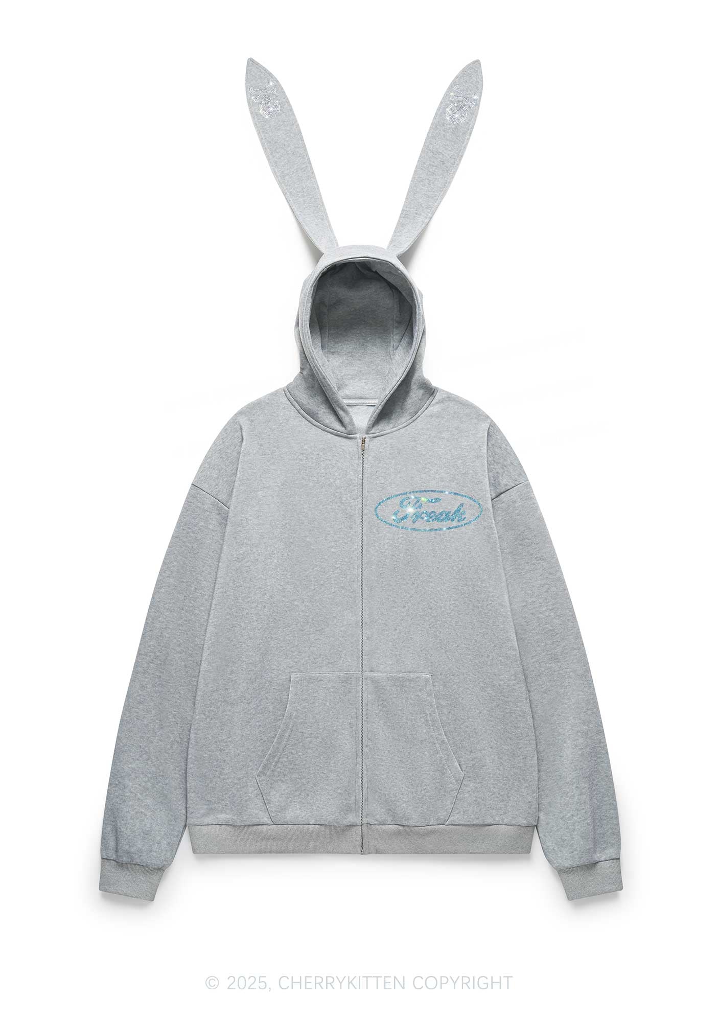 Rhinestone Freak Y2K Bunny Ear Zip Hoodie Cherrykitten - Image 4