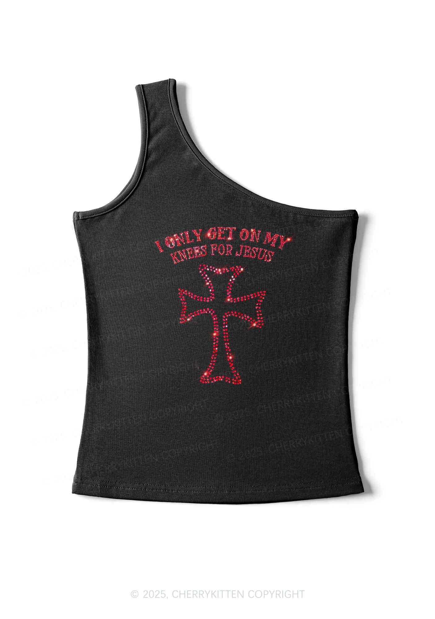 Rhinestone Get On Knees For Jesus Y2K One Shoulder Tank Top Cherrykitten - Image 2