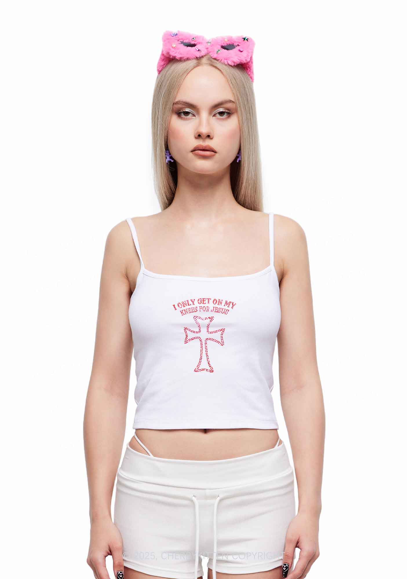 Rhinestone Get On Knees For Jesus Y2K Spaghetti Strap Cami Cherrykitten - Image 2