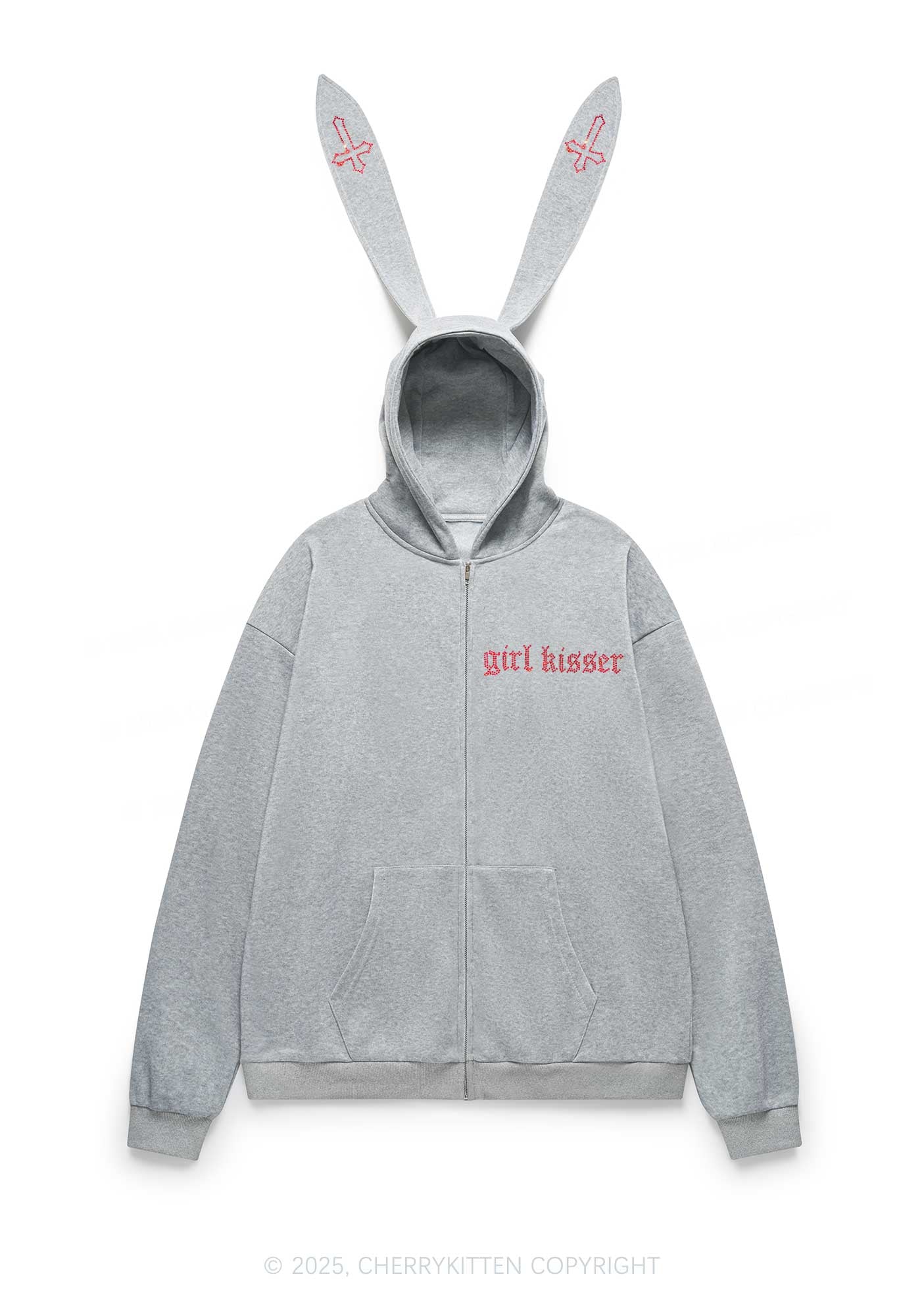 Rhinestone Girl kisser Pride Y2K Bunny Ear Zip Hoodie Cherrykitten - Image 4