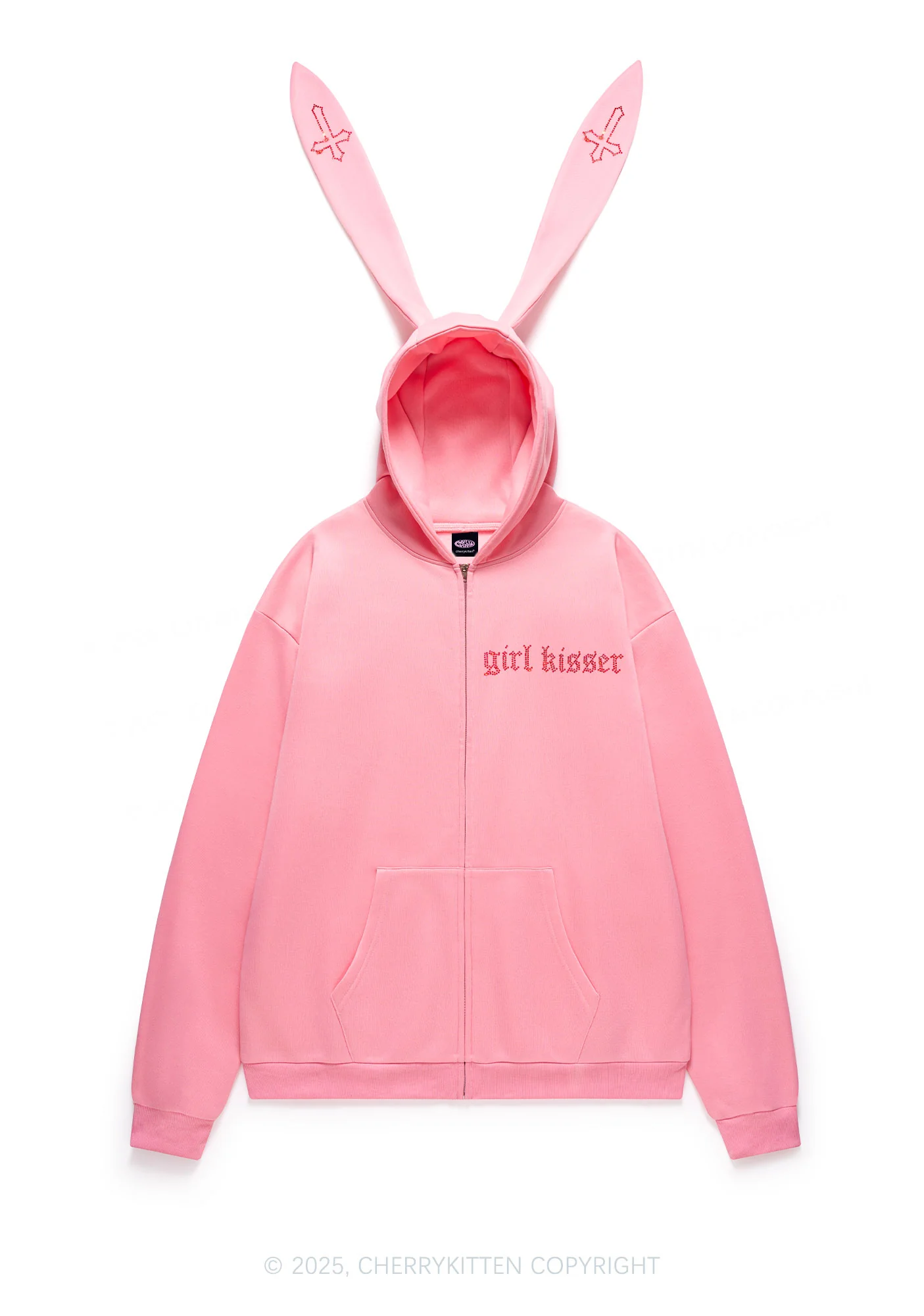 Rhinestone Girl kisser Pride Y2K Bunny Ear Zip Hoodie Cherrykitten - Image 5