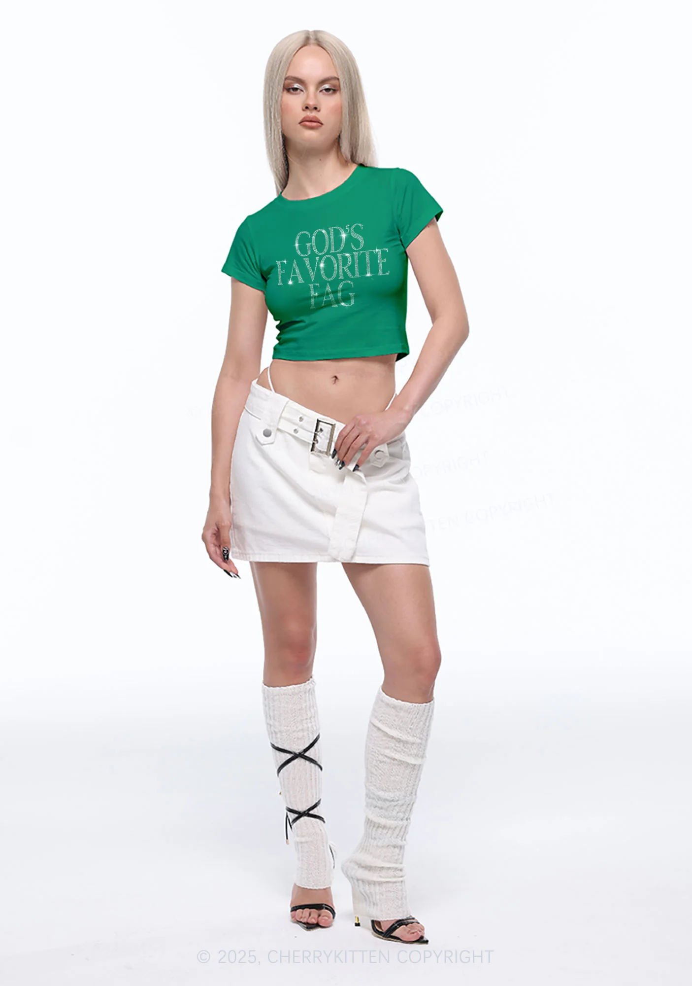 Rhinestone Gods Favorite Fag Pride Y2K Baby Tee Cherrykitten - Image 3