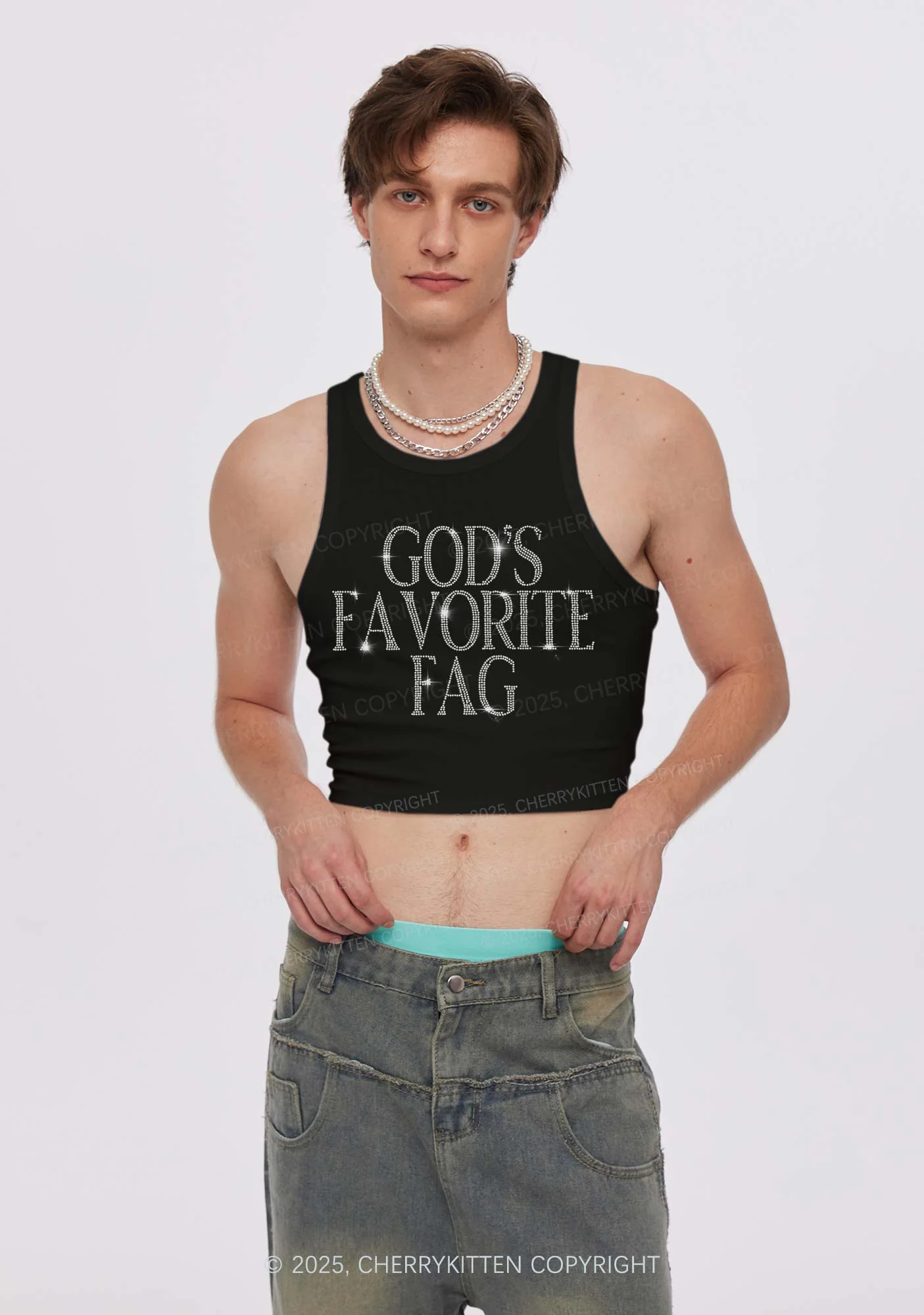 Rhinestone  Gods Favorite Fag Pride Y2K Crop Tank Top Cherrykitten - Image 2