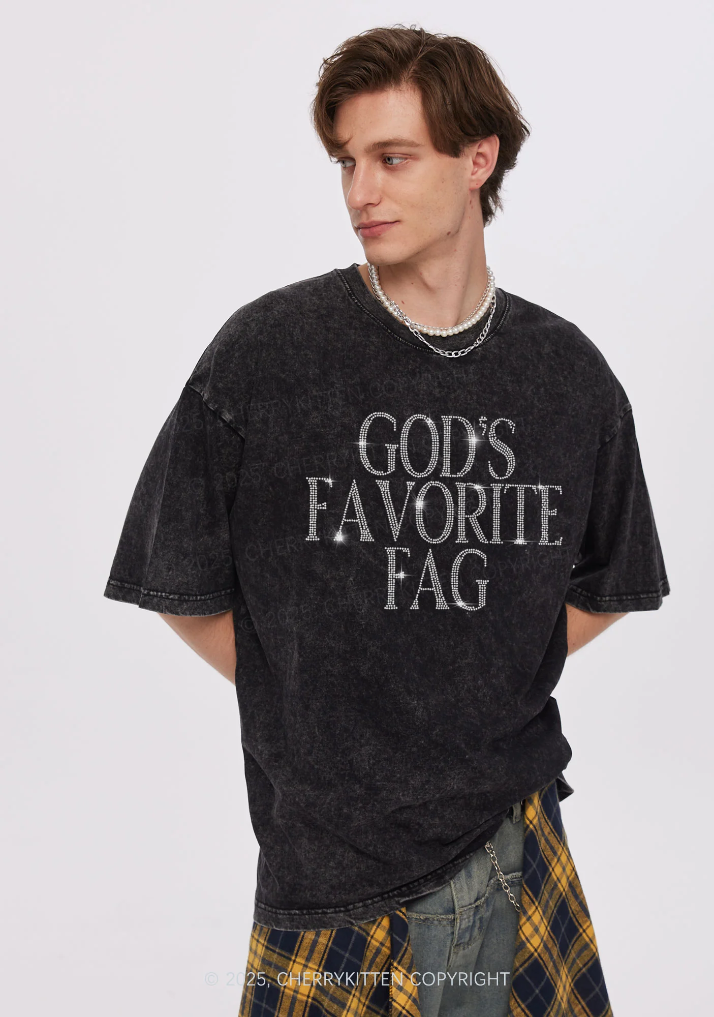 Rhinestone Gods Favorite Fag Pride Y2K Shirts Washed Tee Cherrykitten - Image 2