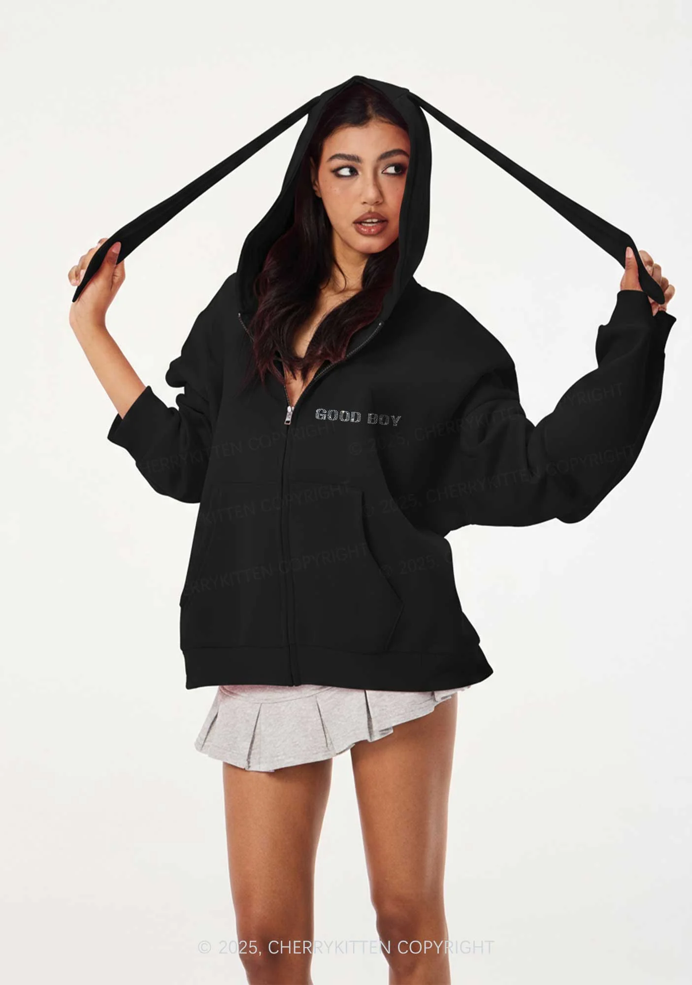 Rhinestone Good Boy Y2K Bunny Ear Zip Hoodie Cherrykitten - Image 2