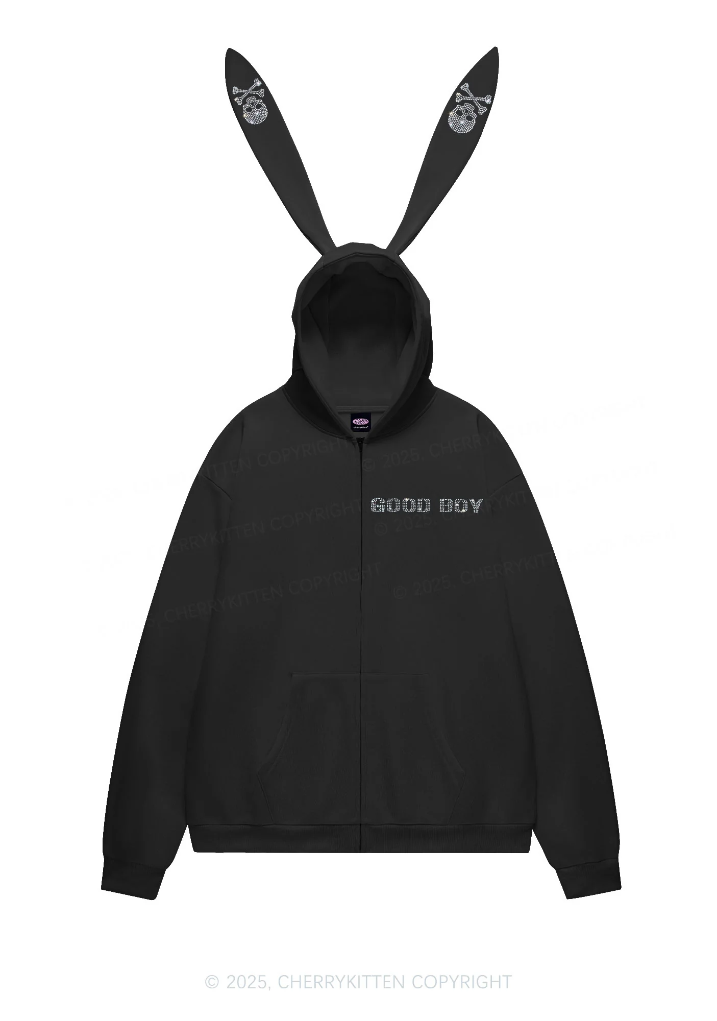 Rhinestone Good Boy Y2K Bunny Ear Zip Hoodie Cherrykitten - Image 3
