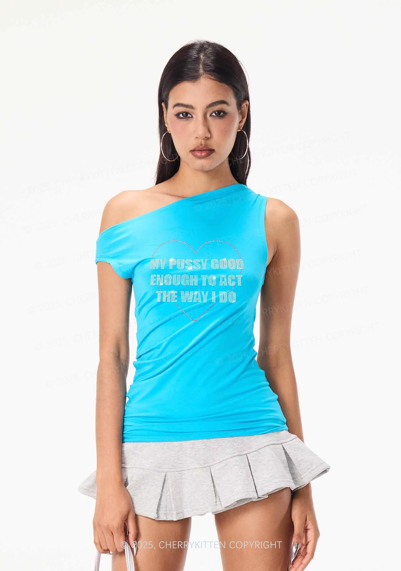 Rhinestone Good Enough To Act Y2K Off Shoulder Tank Top Cherrykitten - Image 2