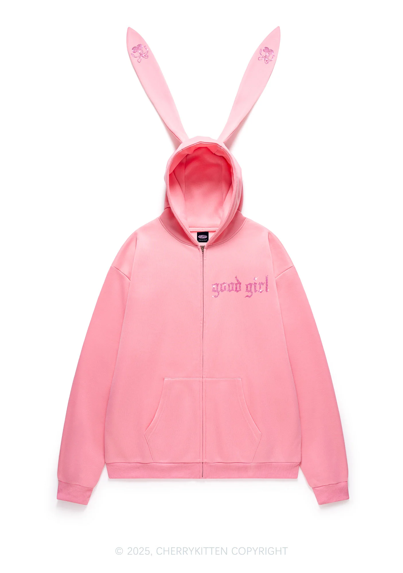 Rhinestone Good Girl Y2K Bunny Ear Zip Hoodie Cherrykitten - Image 3