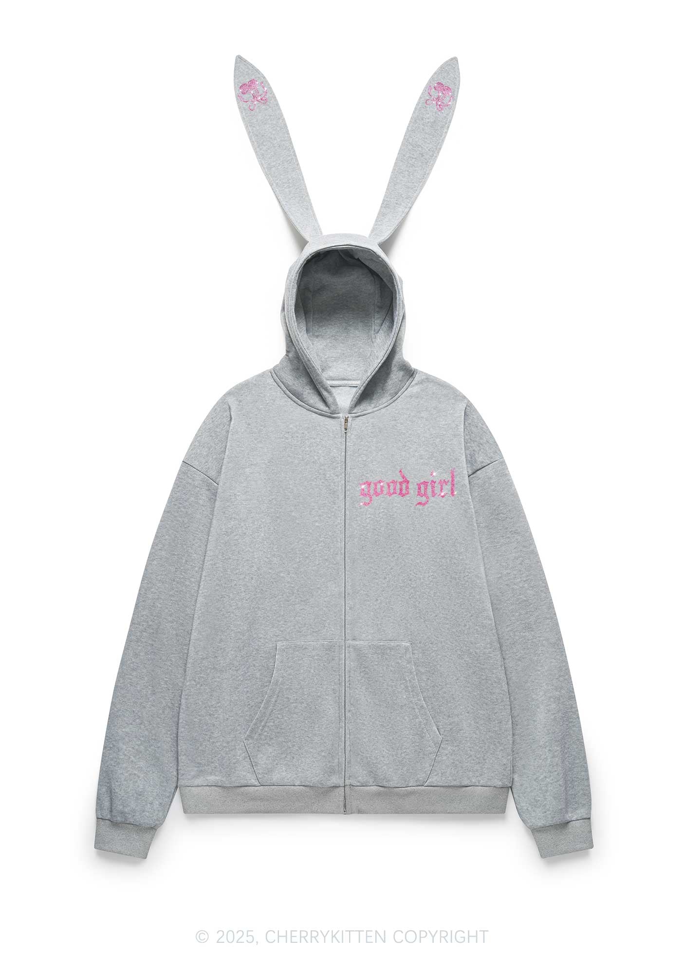 Rhinestone Good Girl Y2K Bunny Ear Zip Hoodie Cherrykitten - Image 4