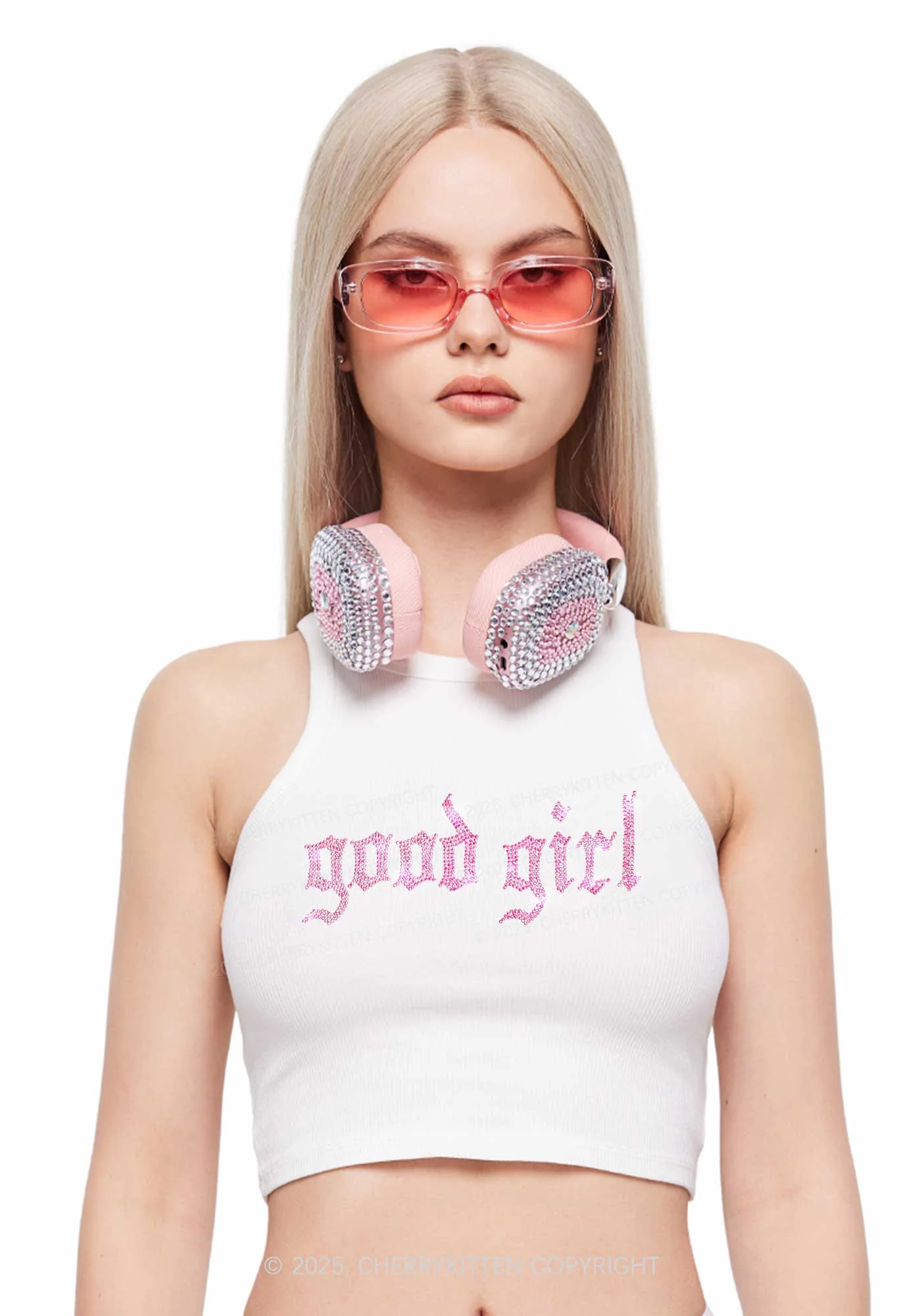 Rhinestone Good Girl Y2K Crop Tank Top Cherrykitten - Image 2