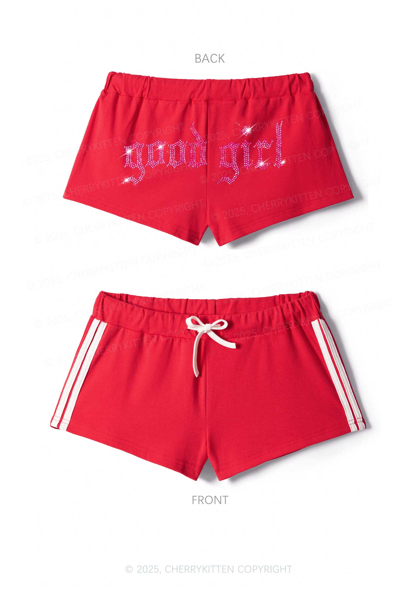 Rhinestone Good Girl Y2K Drawstring Mini Shorts Cherrykitten - Image 4