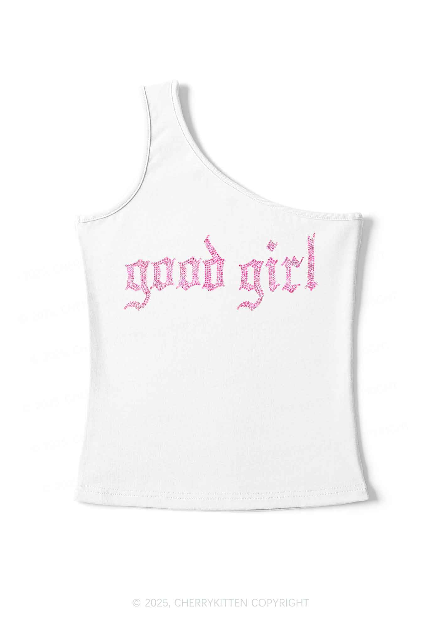 Rhinestone Good Girl Y2K One Shoulder Tank Top Cherrykitten - Image 2