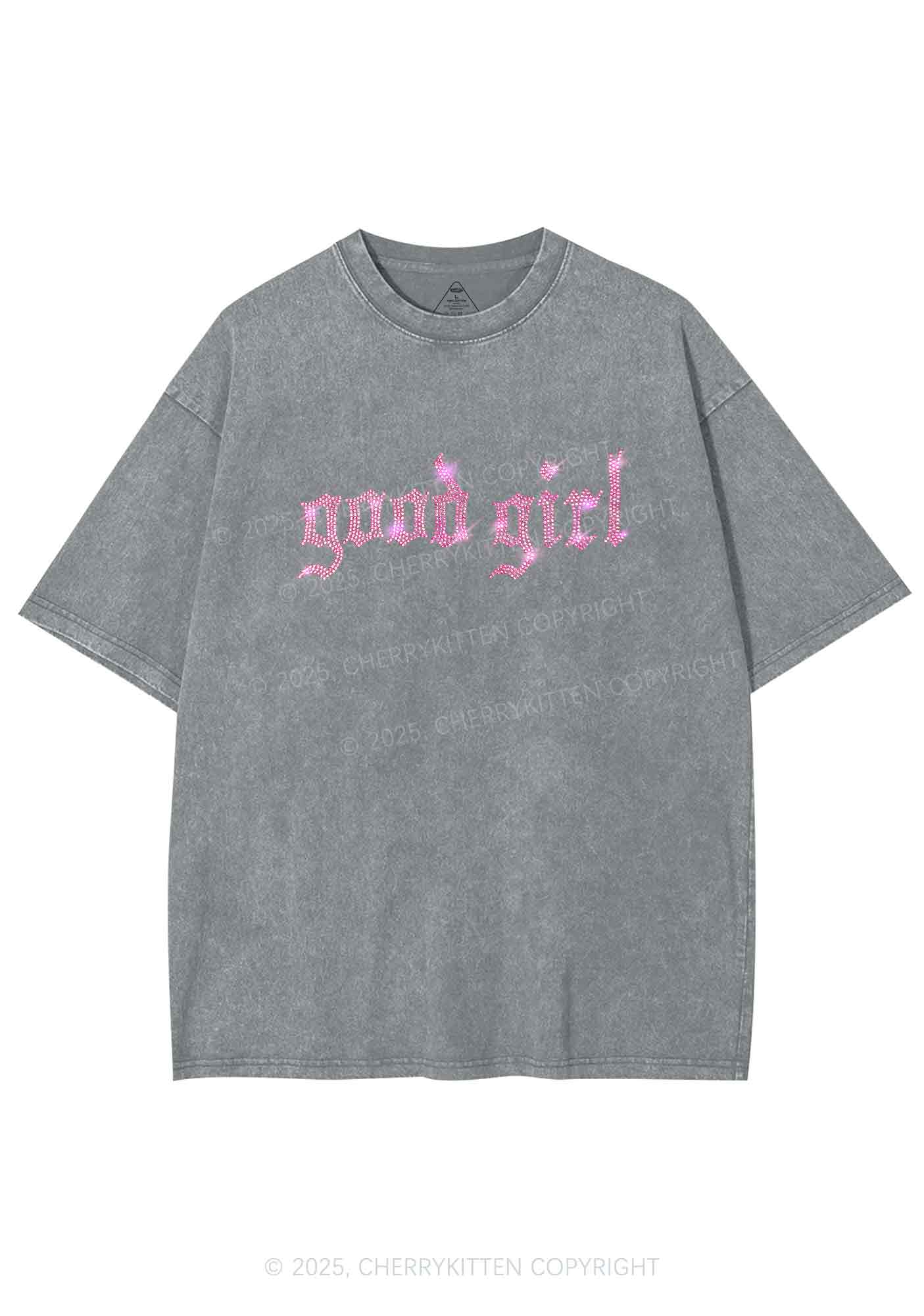 Rhinestone Good Girl Y2K Shirts Washed Tee Cherrykitten - Image 5
