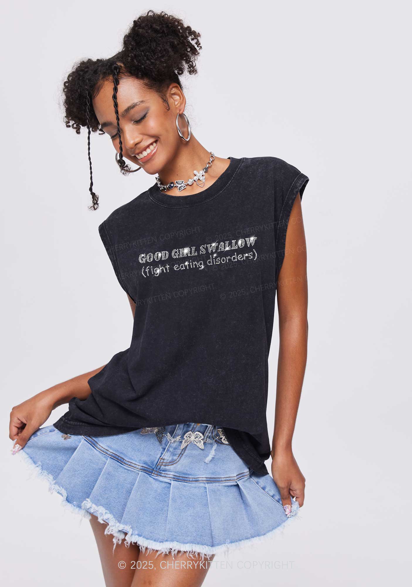 Rhinestone Good Girls Swallow Y2K Washed Muscle Tank Cherrykitten - Image 2
