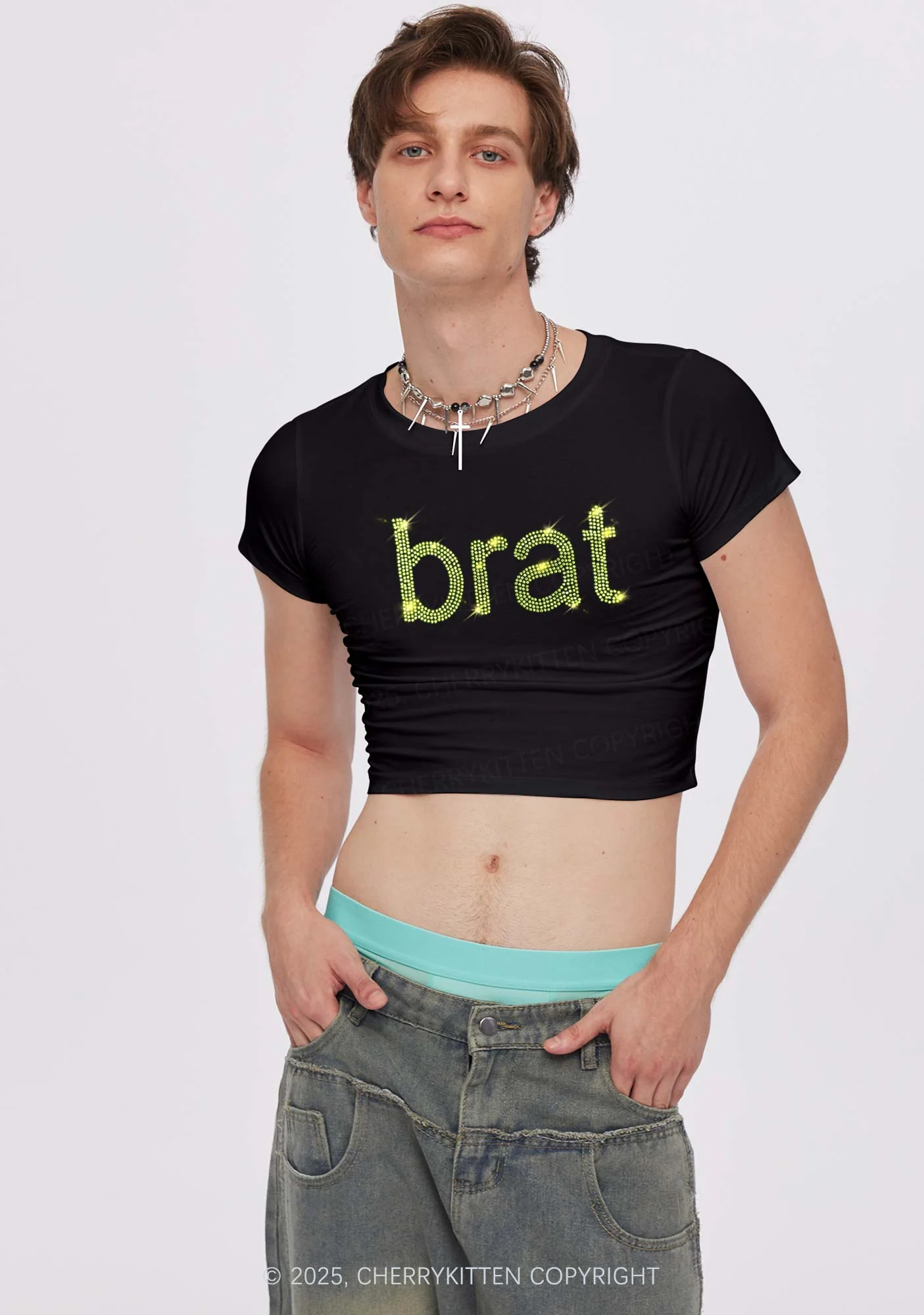 Rhinestone Green Brat Y2K Baby Tee Cherrykitten - Image 2