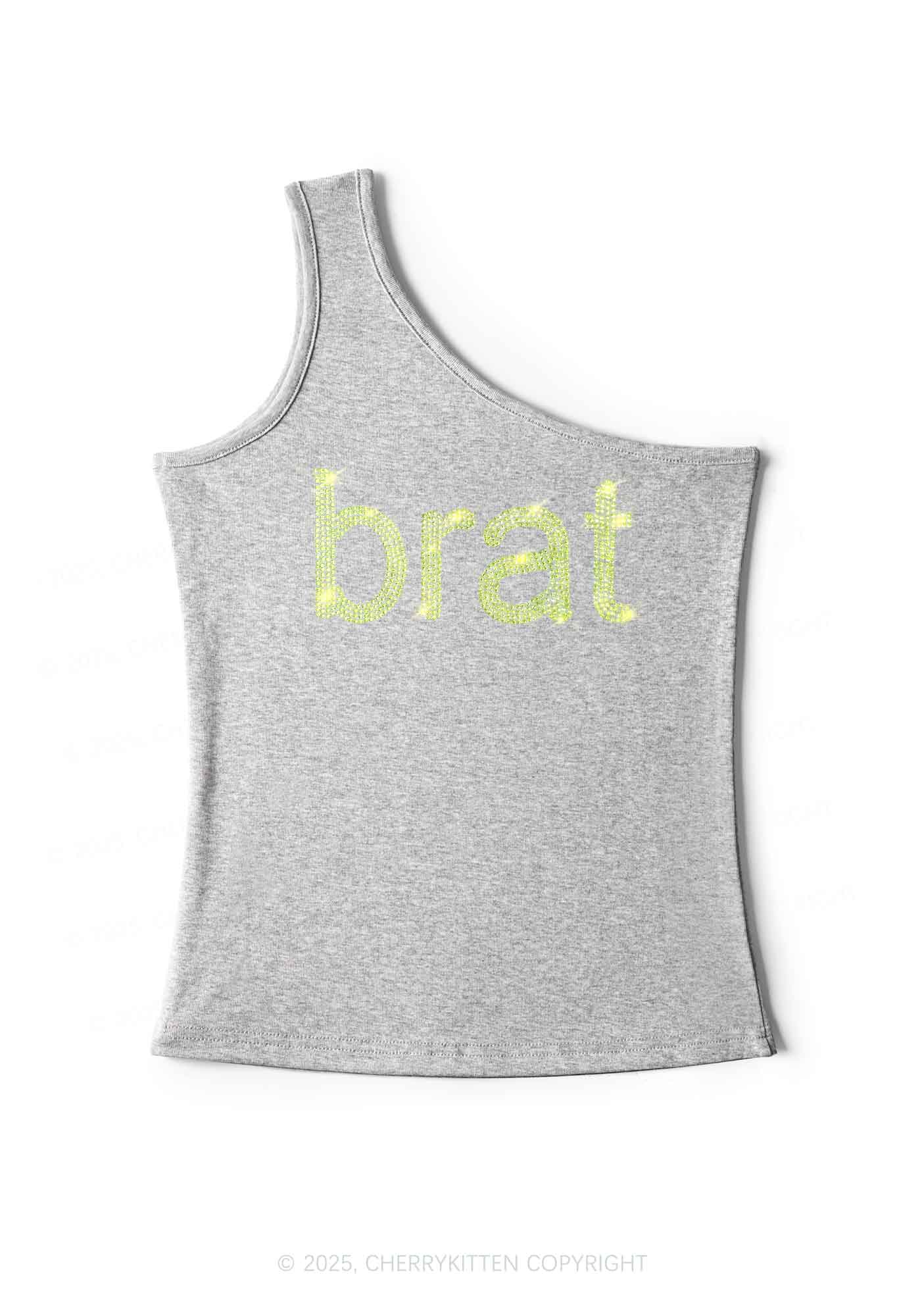 Rhinestone Green Brat Y2K One Shoulder Tank Top Cherrykitten - Image 4