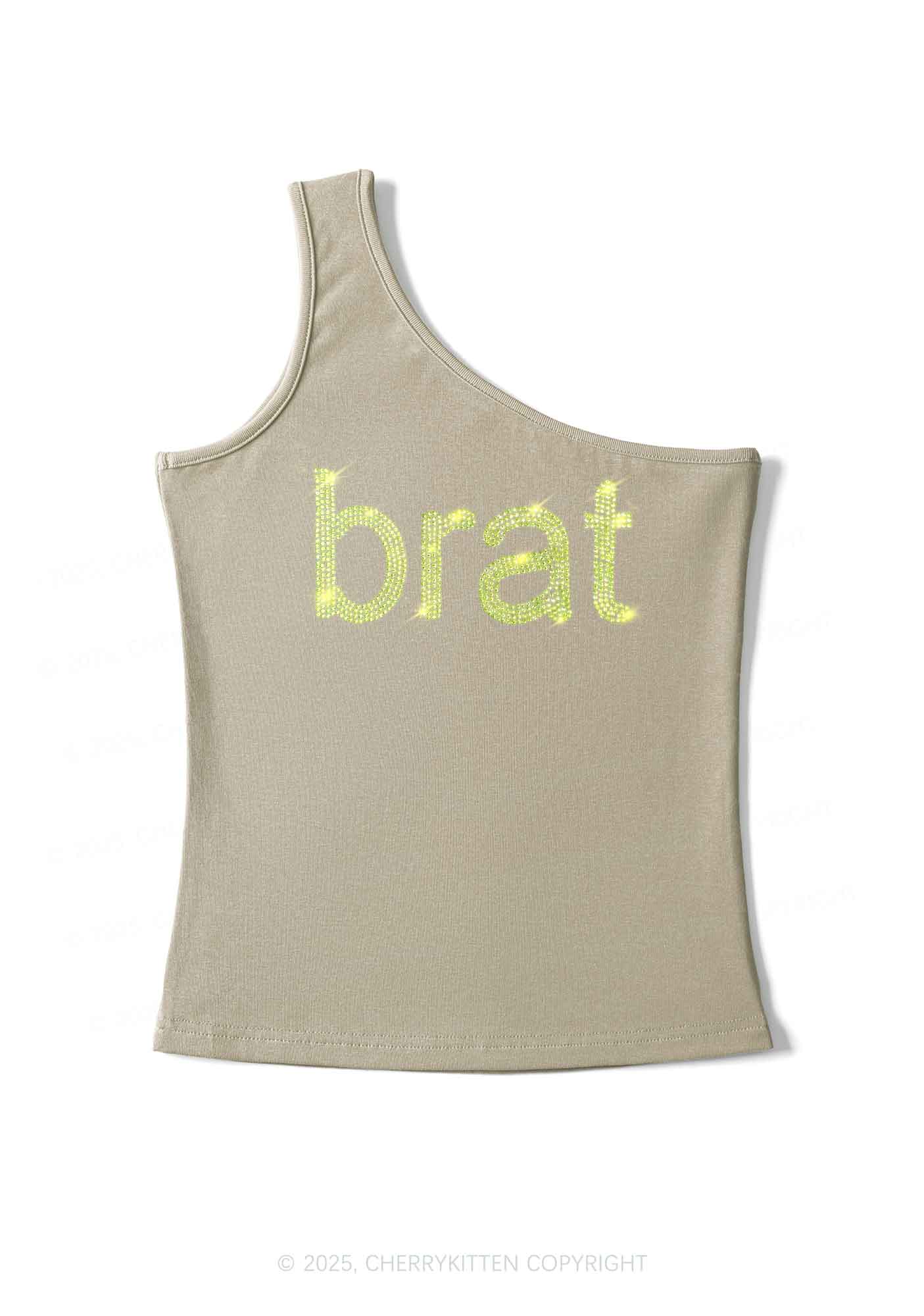 Rhinestone Green Brat Y2K One Shoulder Tank Top Cherrykitten - Image 5