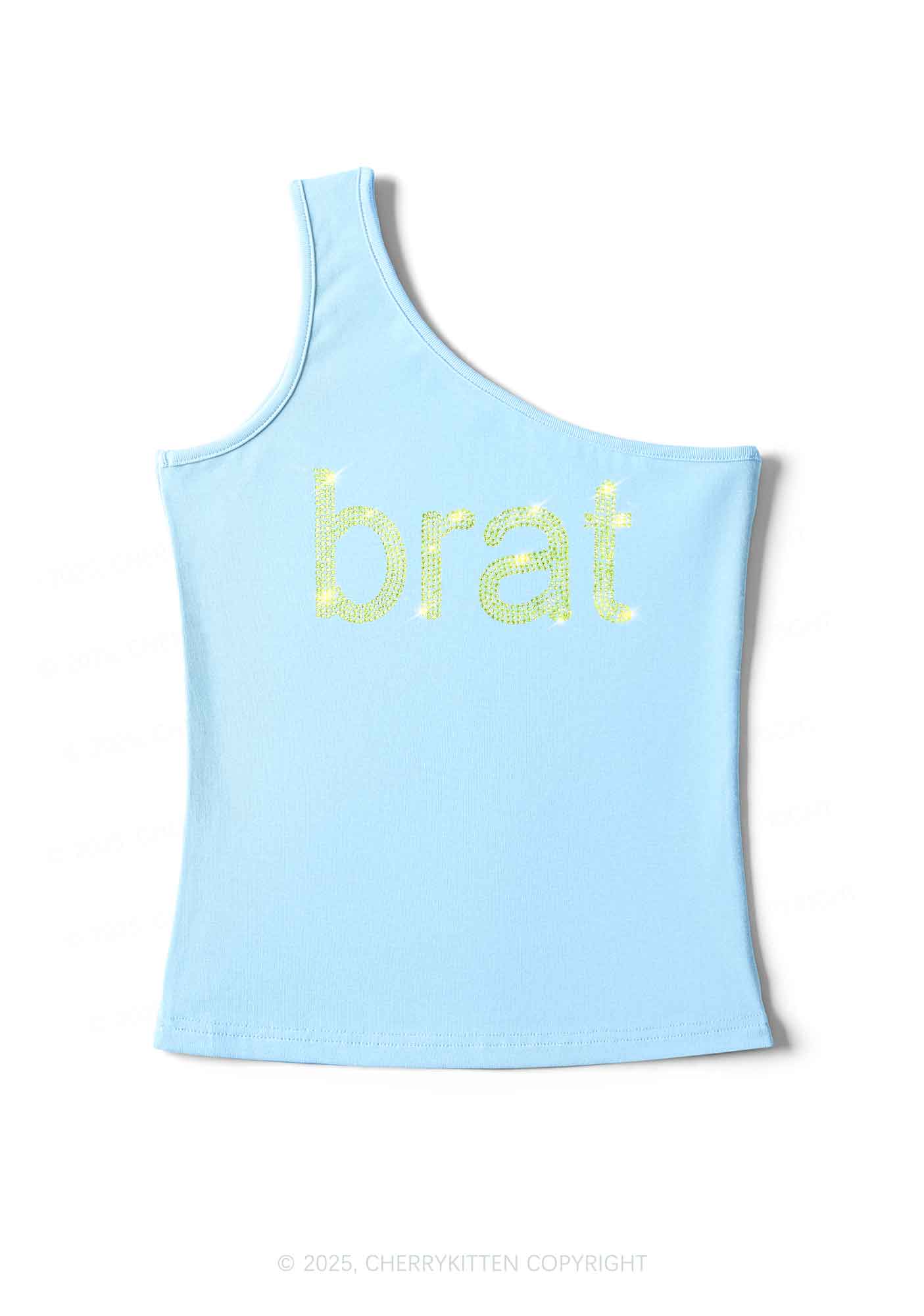 Rhinestone Green Brat Y2K One Shoulder Tank Top Cherrykitten - Image 6