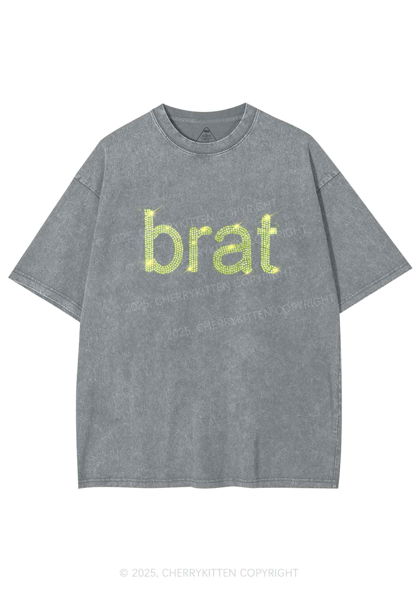 Rhinestone Green Brat Y2K Shirts Washed Tee Cherrykitten - Image 7