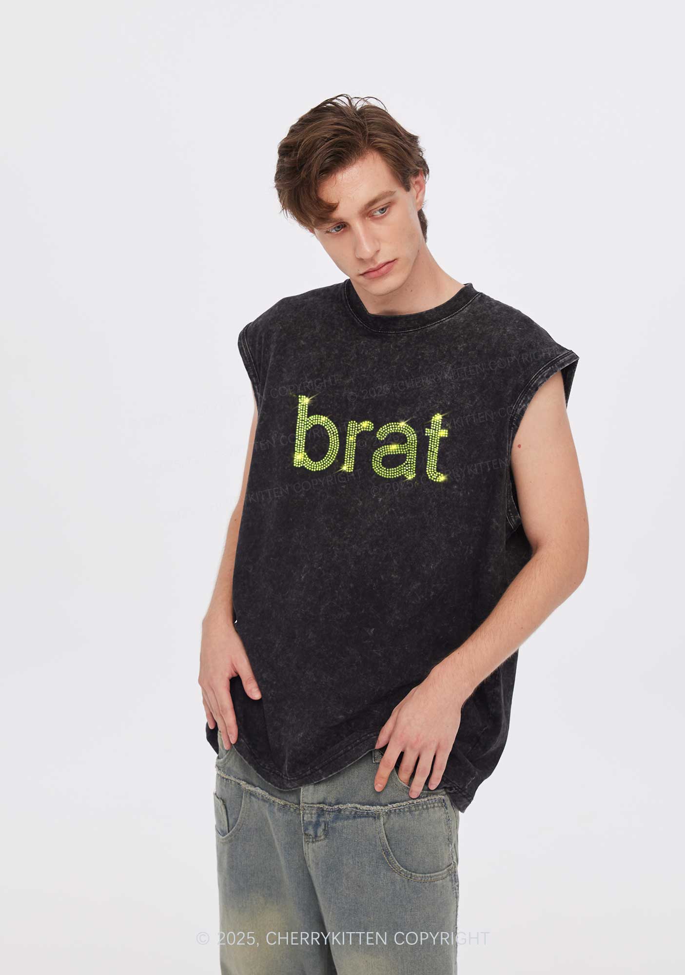 Rhinestone Green Brat Y2K Washed Muscle Tank Cherrykitten - Image 2