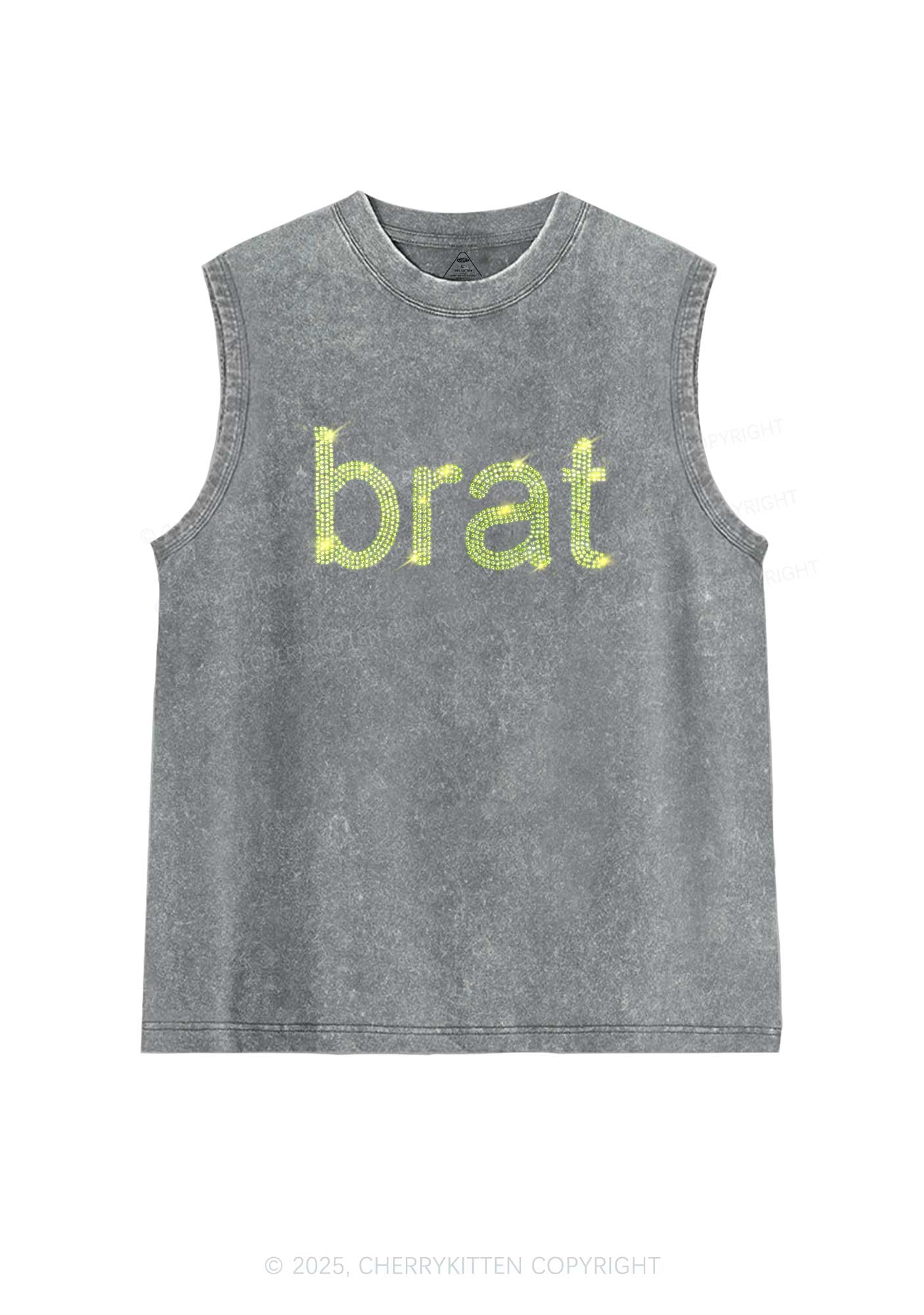 Rhinestone Green Brat Y2K Washed Muscle Tank Cherrykitten - Image 5