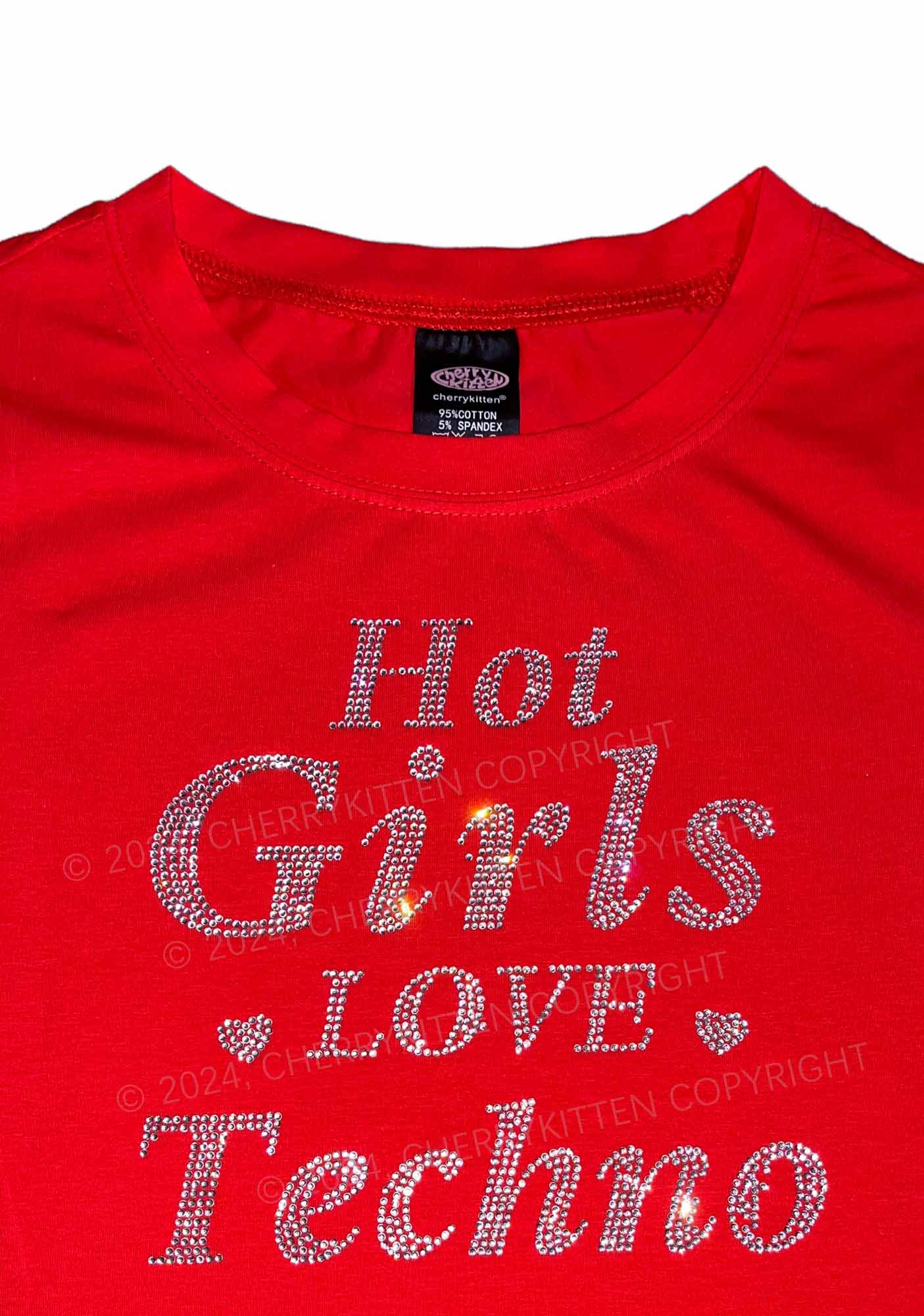 Rhinestone Hot Girls Love Techno Y2K Baby Tee Cherrykitten - Image 2