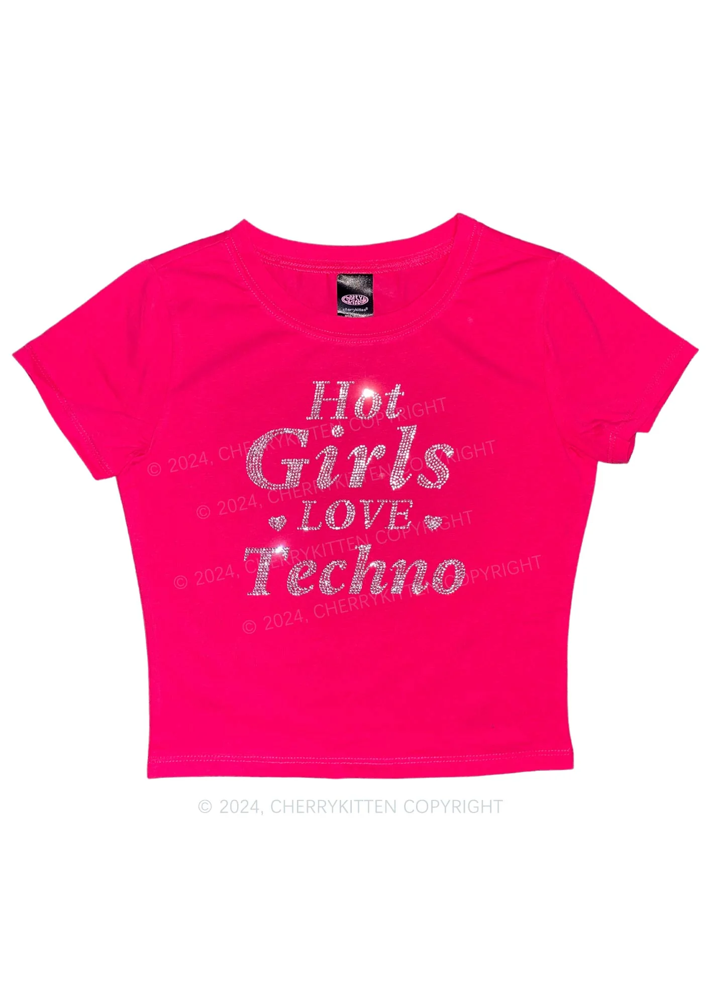 Rhinestone Hot Girls Love Techno Y2K Baby Tee Cherrykitten - Image 3
