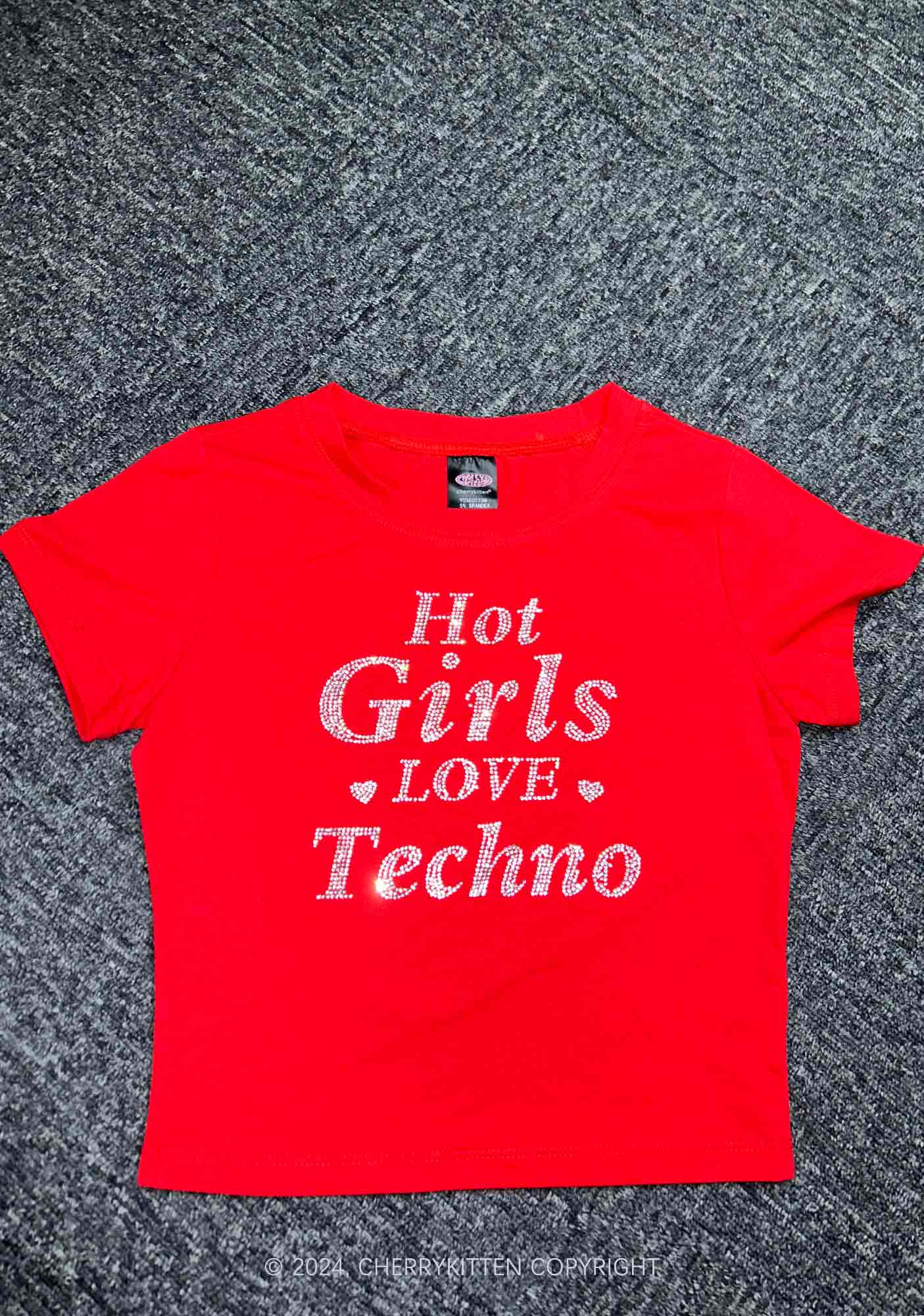 Rhinestone Hot Girls Love Techno Y2K Baby Tee Cherrykitten - Image 4