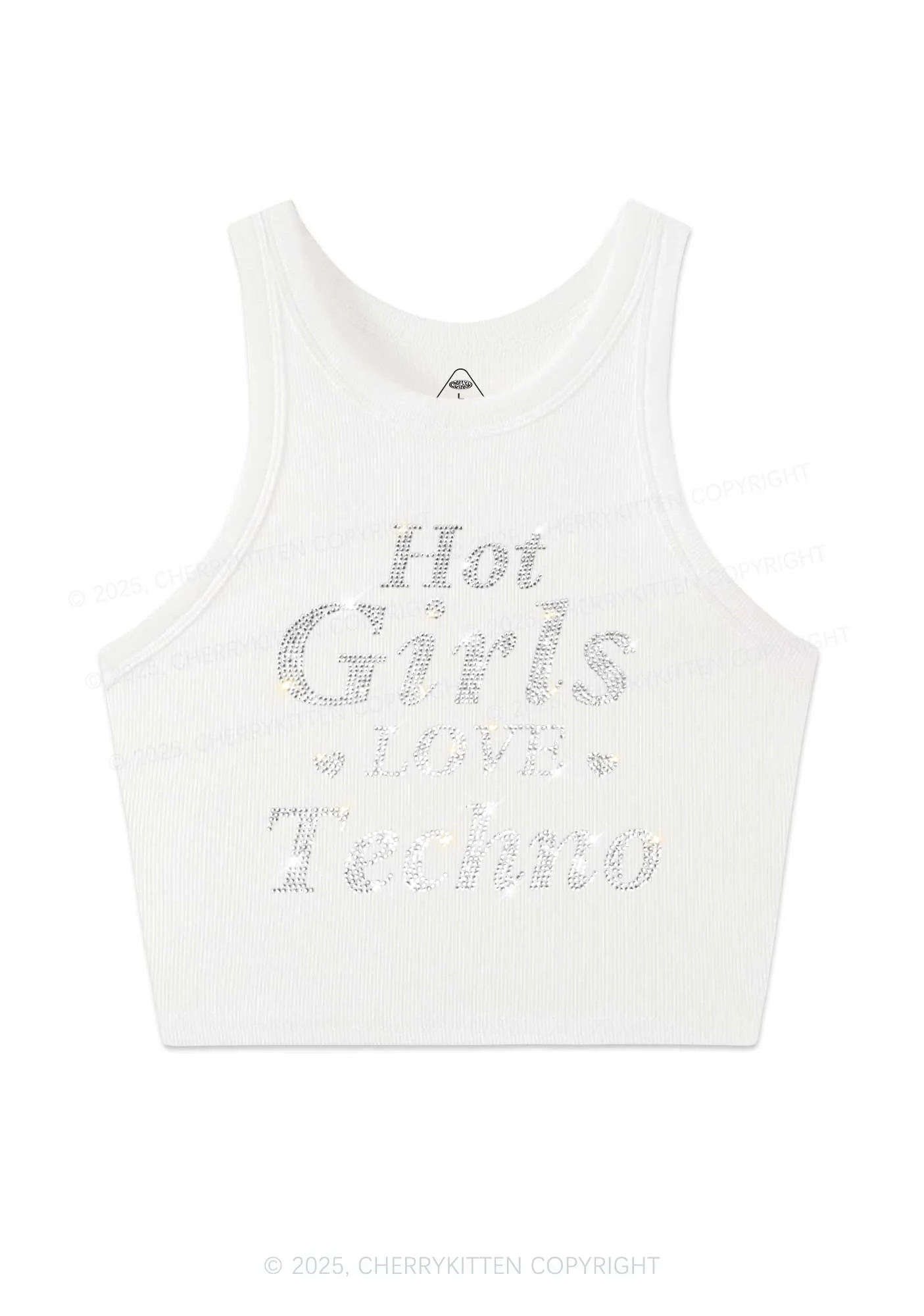 Rhinestone Hot Girls Love Techno Y2K Crop Tank Top Cherrykitten - Image 5