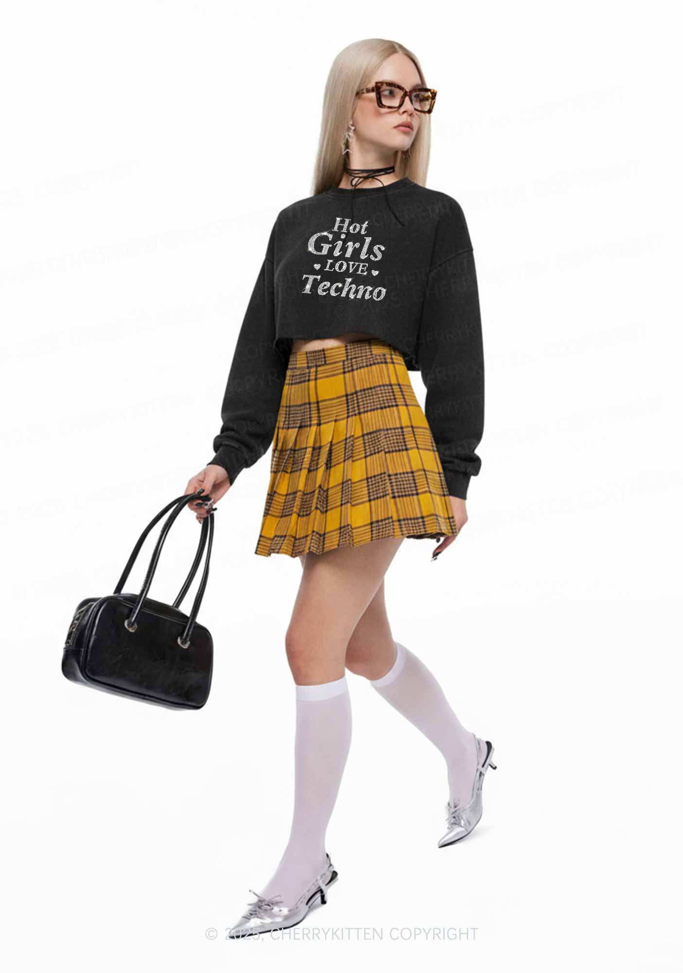 Rhinestone Hot Girls Love Techno Y2K Crop Washed Sweatshirts Cherrykitten - Image 2