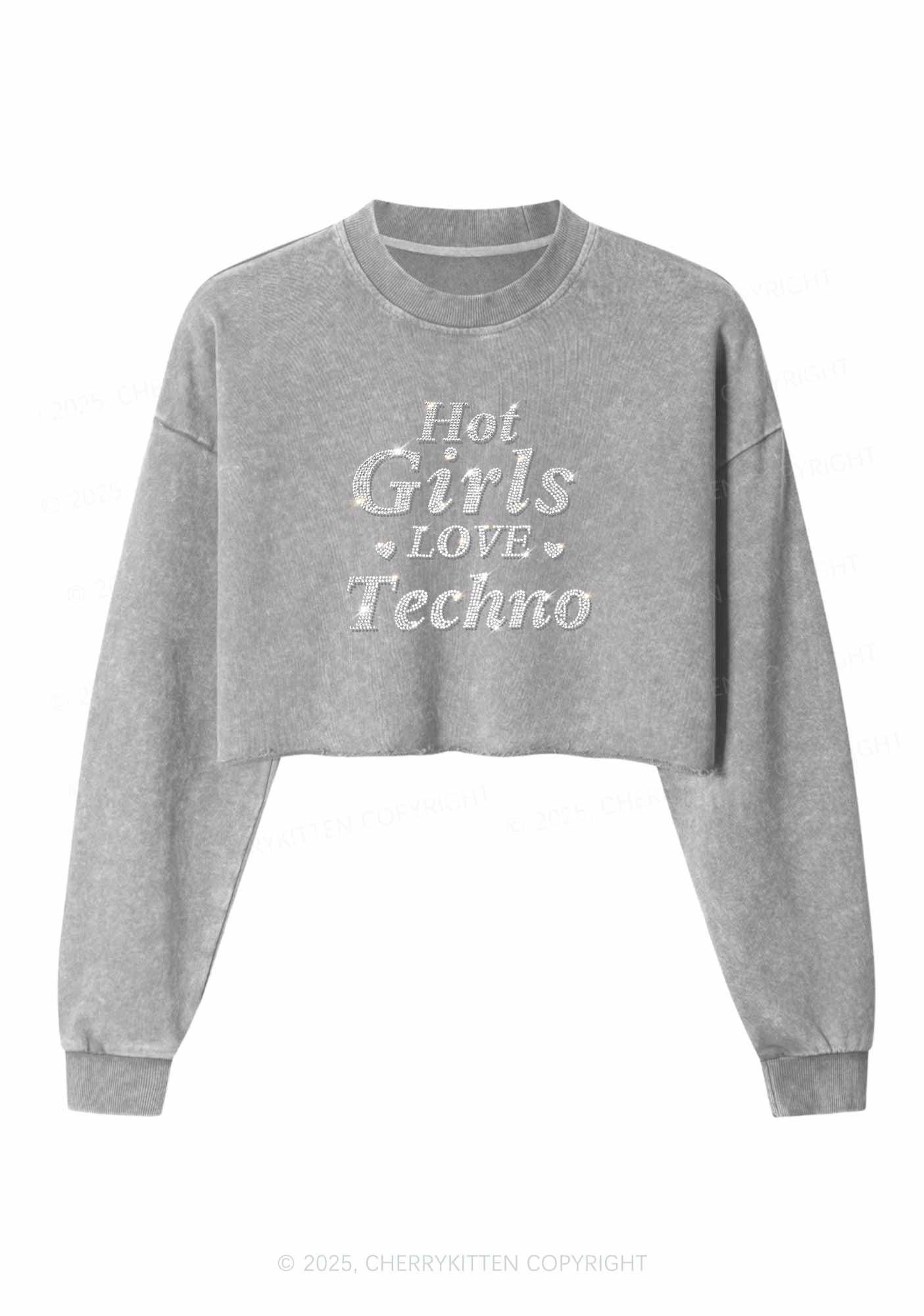 Rhinestone Hot Girls Love Techno Y2K Crop Washed Sweatshirts Cherrykitten - Image 4