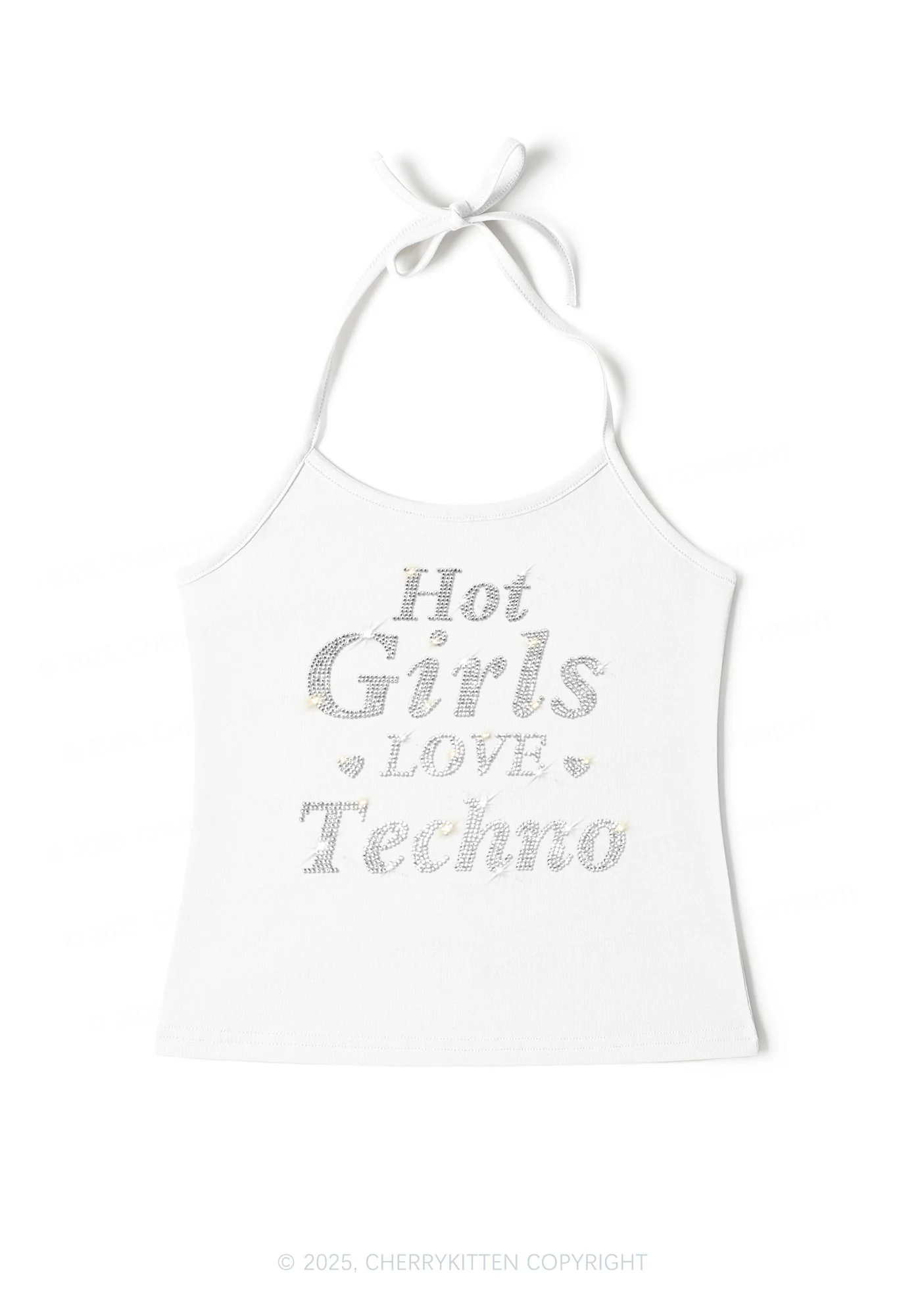 Rhinestone Hot Girls Love Techno Y2K Halter Neck Cami Cherrykitten - Image 2
