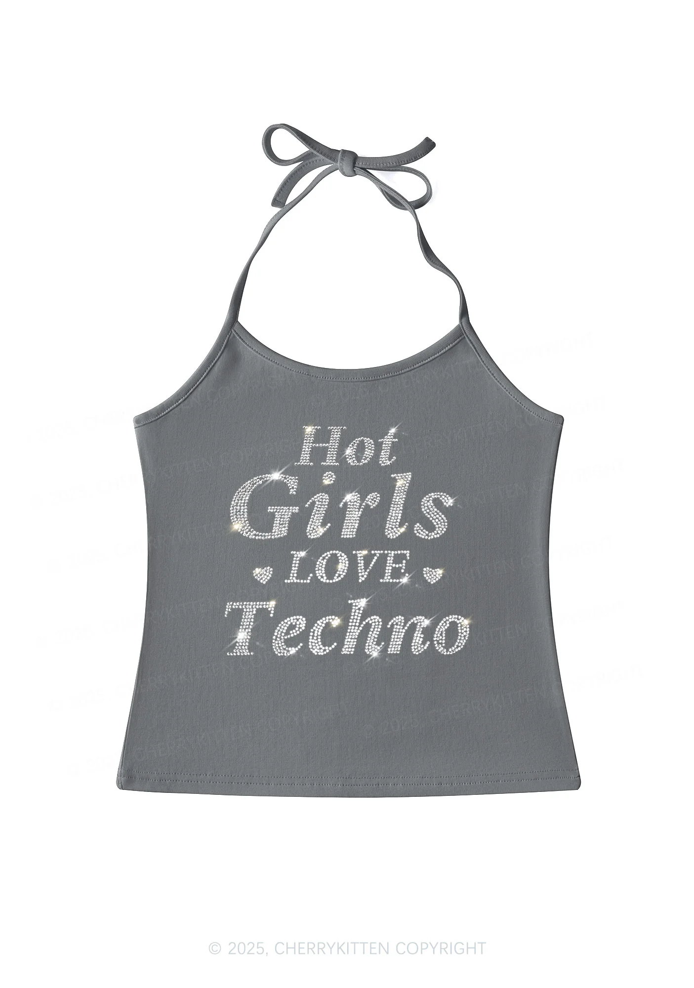 Rhinestone Hot Girls Love Techno Y2K Halter Neck Cami Cherrykitten - Image 3