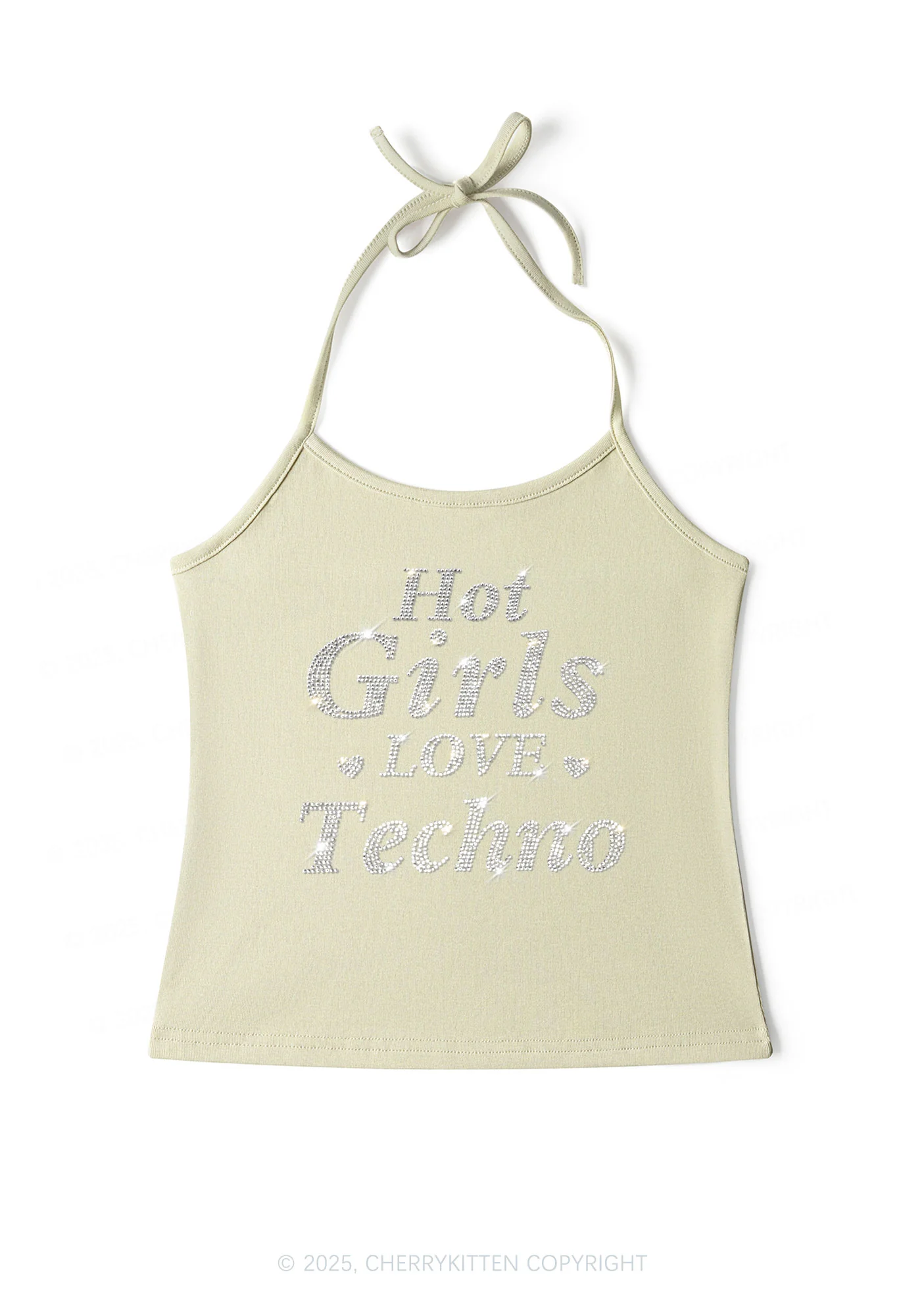 Rhinestone Hot Girls Love Techno Y2K Halter Neck Cami Cherrykitten - Image 4
