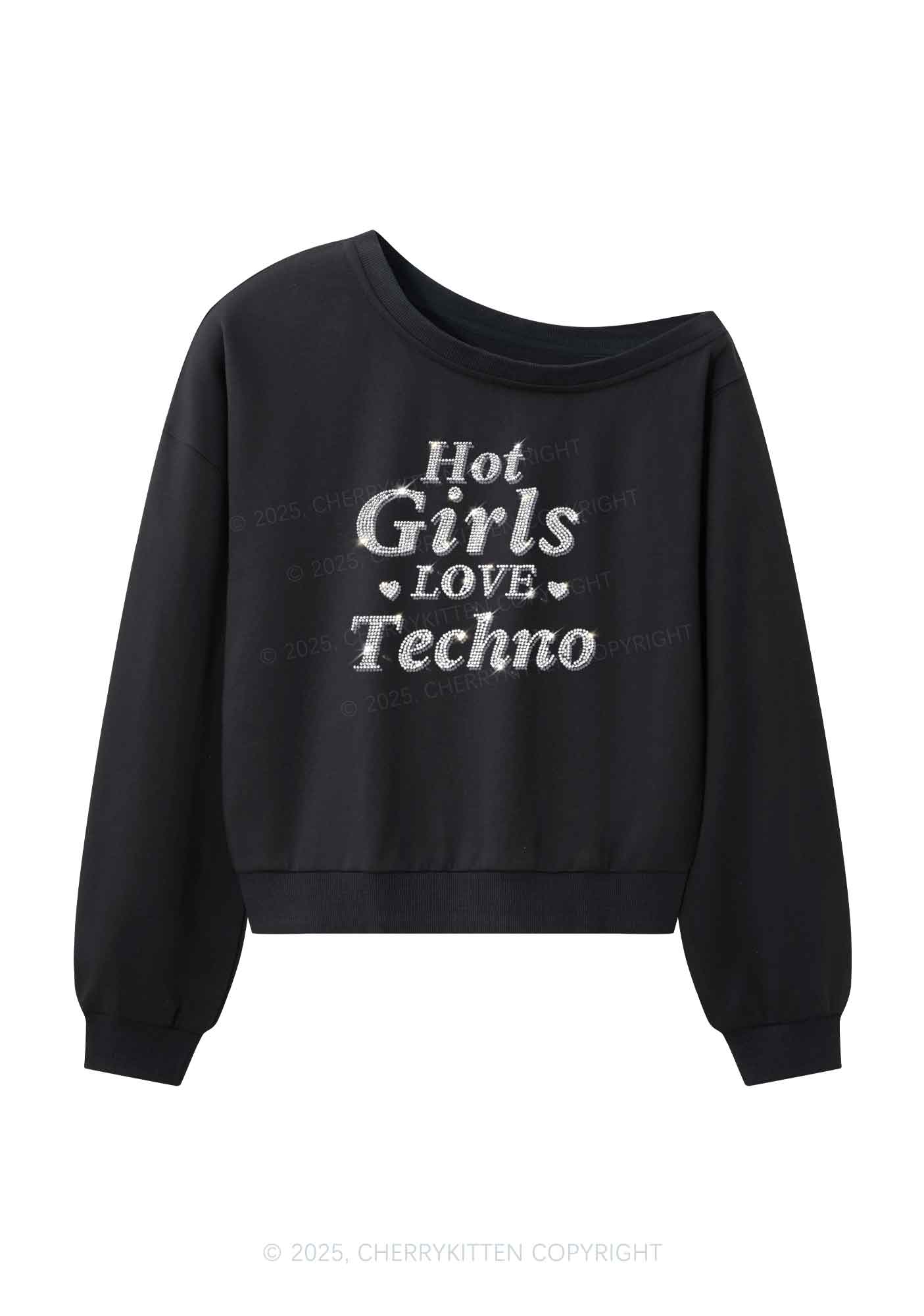 Rhinestone Hot Girls Love Techno Y2K Off Shoulder Sweatshirts Cherrykitten - Image 3