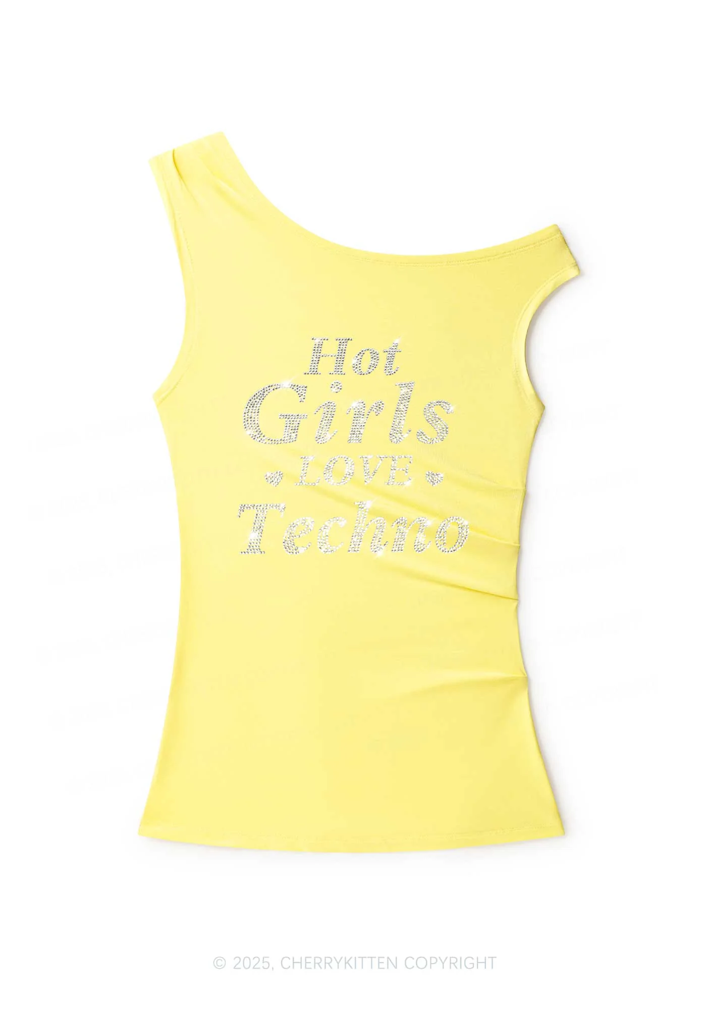 Rhinestone Hot Girls Love Techno Y2K Off Shoulder Tank Top Cherrykitten - Image 2