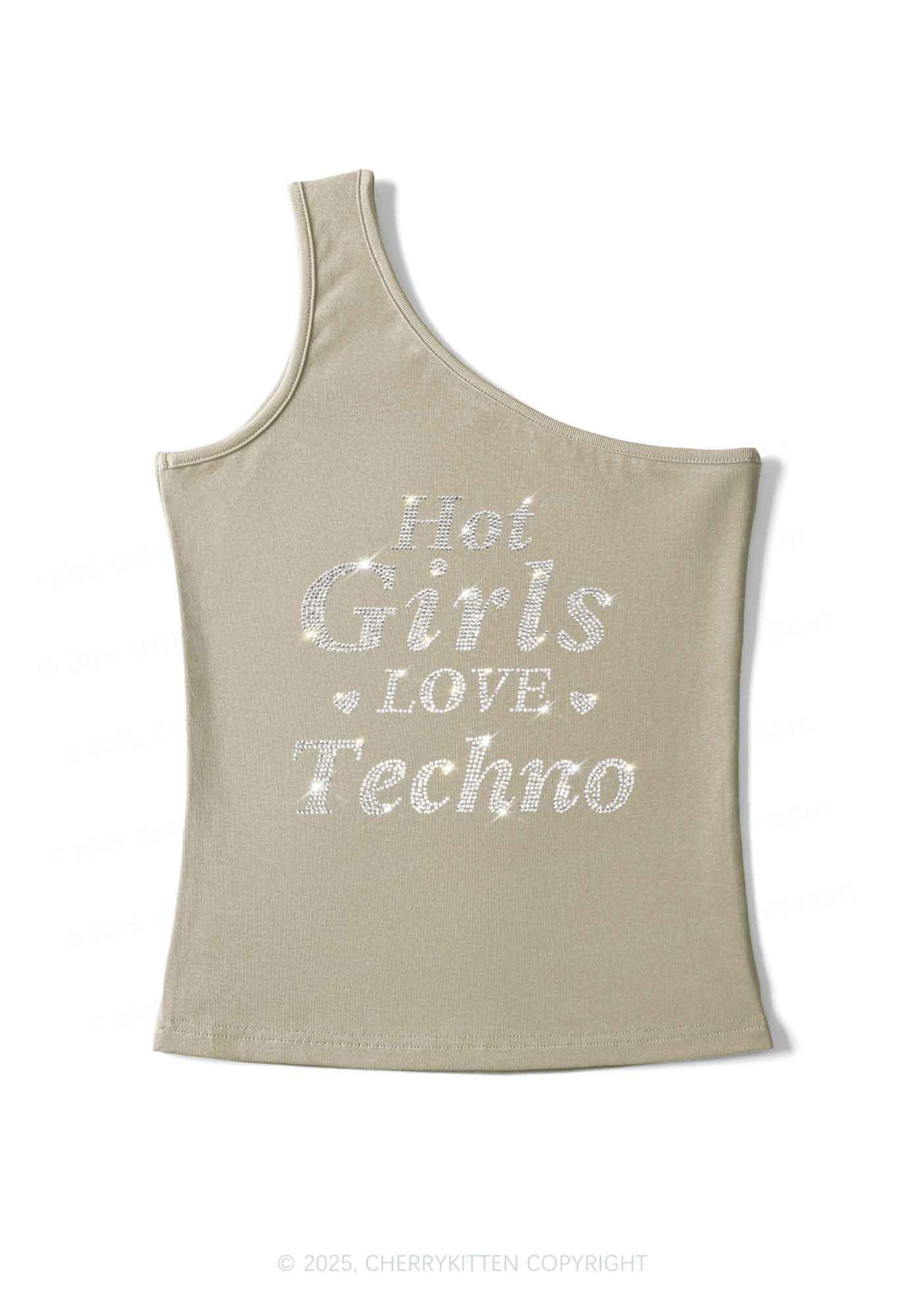 Rhinestone Hot Girls Love Techno Y2K One Shoulder Tank Top Cherrykitten - Image 4