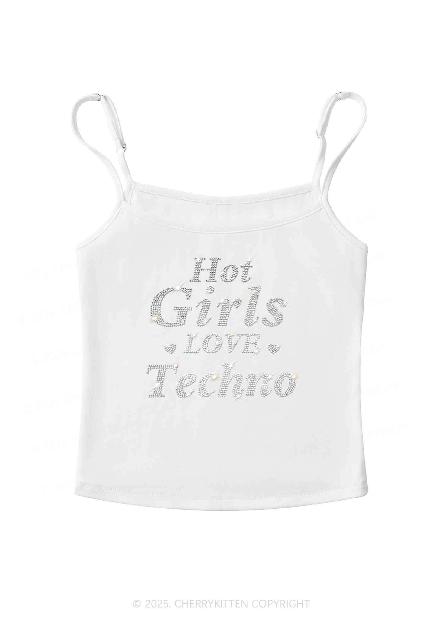 Rhinestone Hot Girls Love Techno Y2K Spaghetti Strap Cami Cherrykitten - Image 3