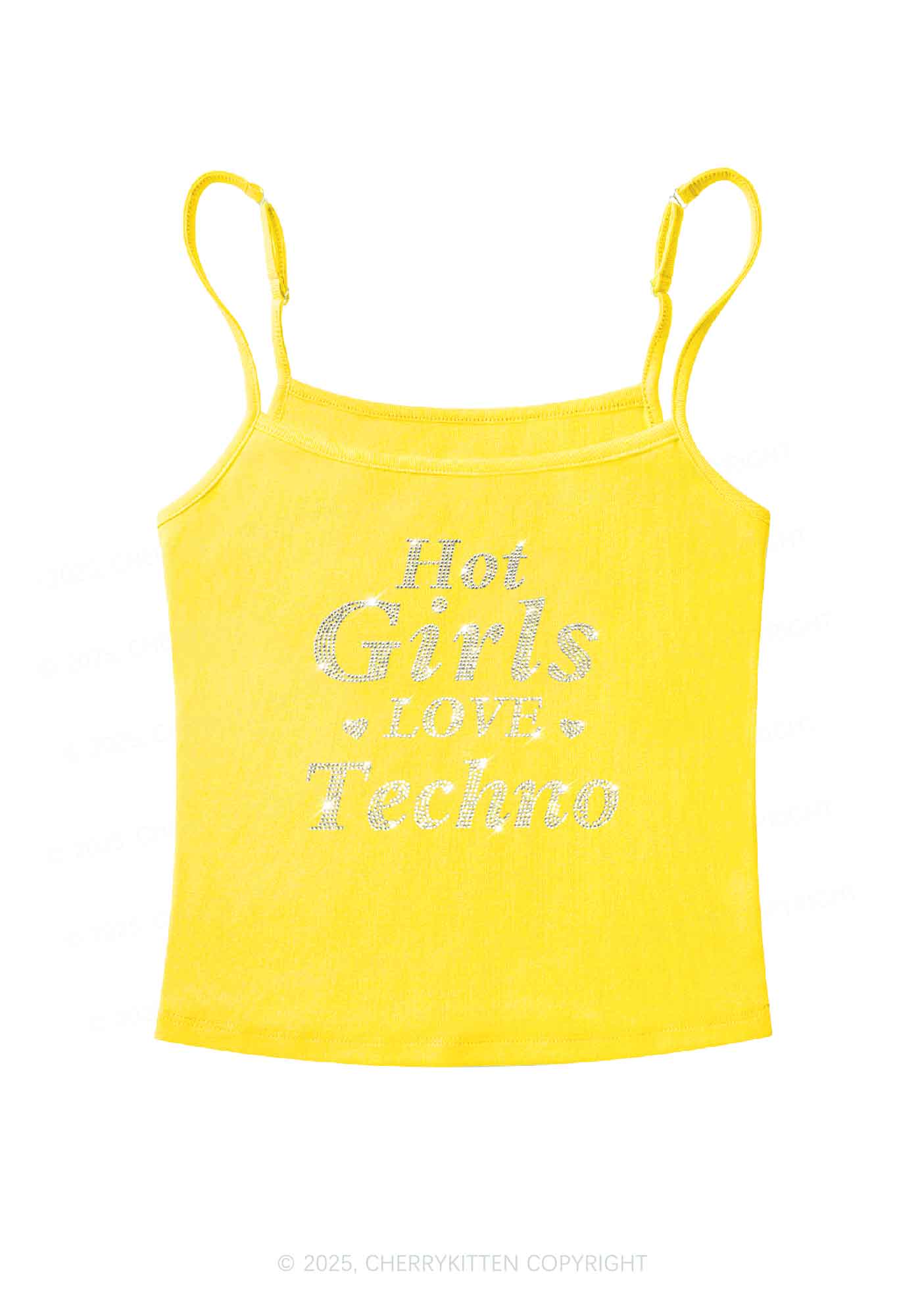 Rhinestone Hot Girls Love Techno Y2K Spaghetti Strap Cami Cherrykitten - Image 7