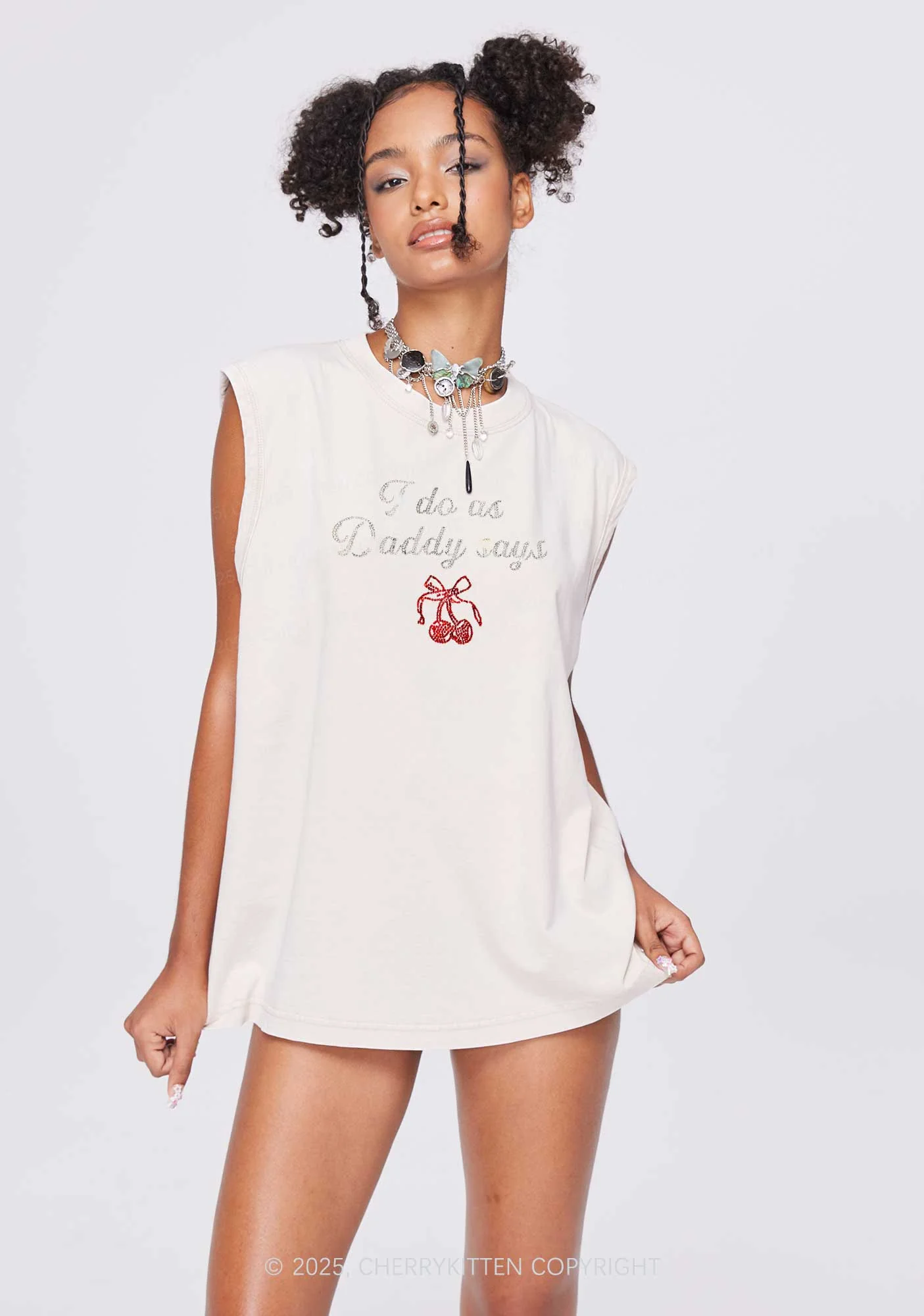 Rhinestone I Do As Daddy Says Y2K Washed Muscle Tank Cherrykitten - Image 2