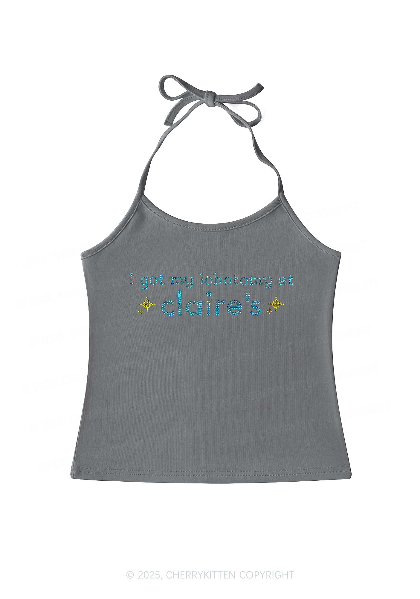 Rhinestone I Got My Lobotomy At Claires Y2K Halter Neck Cami Cherrykitten - Image 5
