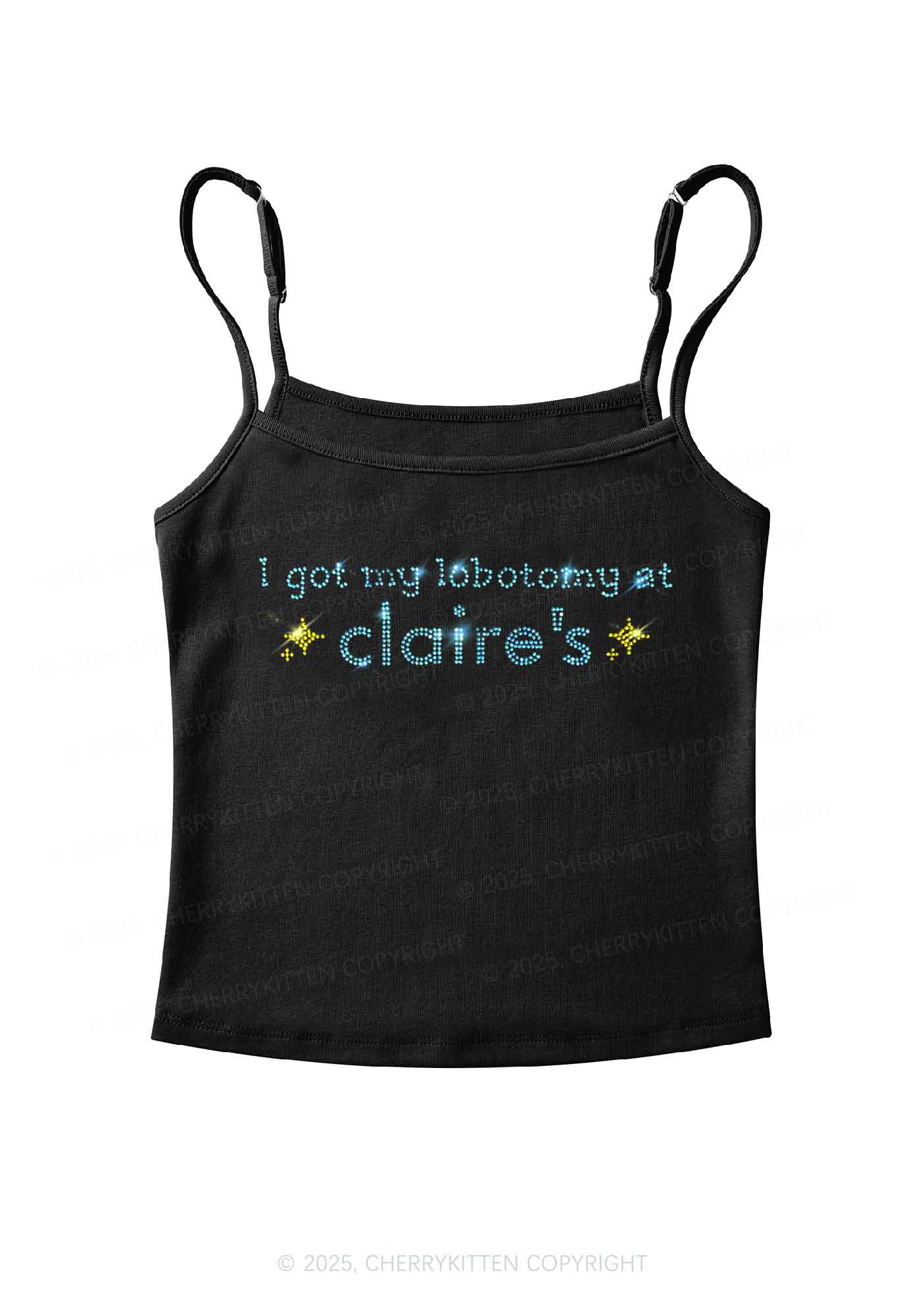 Rhinestone I Got My Lobotomy At Claires Y2K Spaghetti Strap Cami Cherrykitten - Image 3