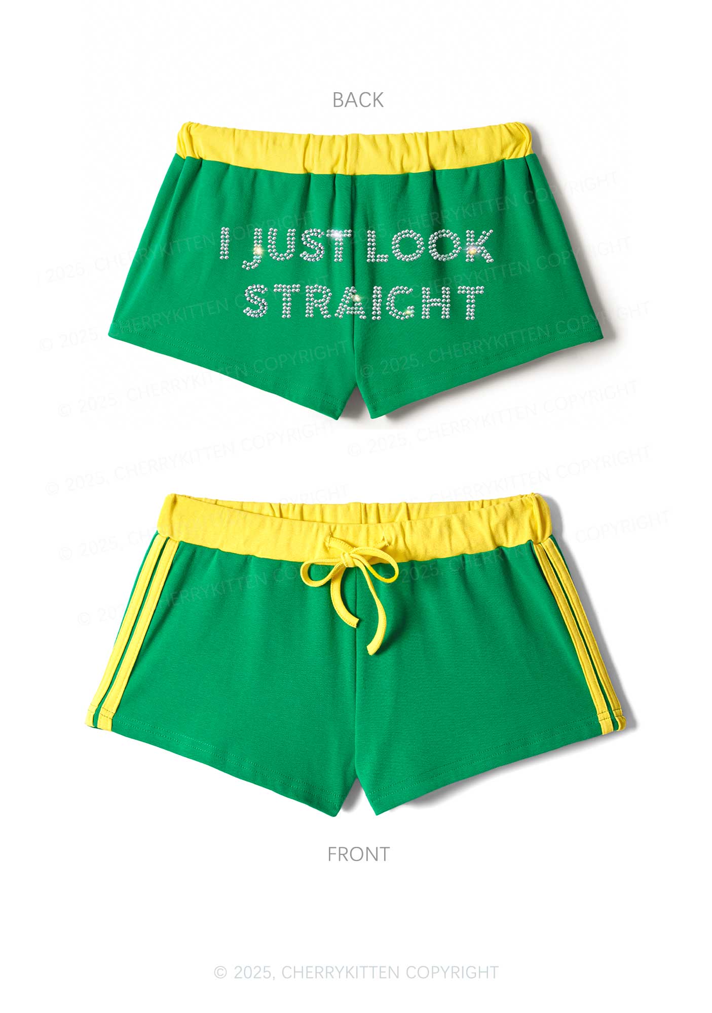 Rhinestone I Just Look Straight Pride Y2K Drawstring Mini Shorts Cherrykitten - Image 6