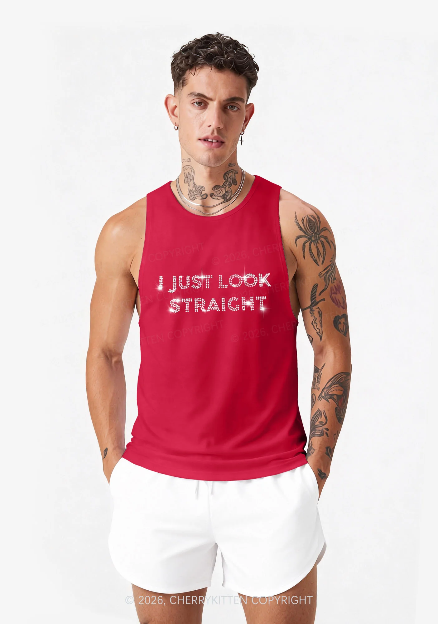 Rhinestone I Just Look Straight Pride Y2K Men Racerback Tank Top Cherrykitten - Image 2